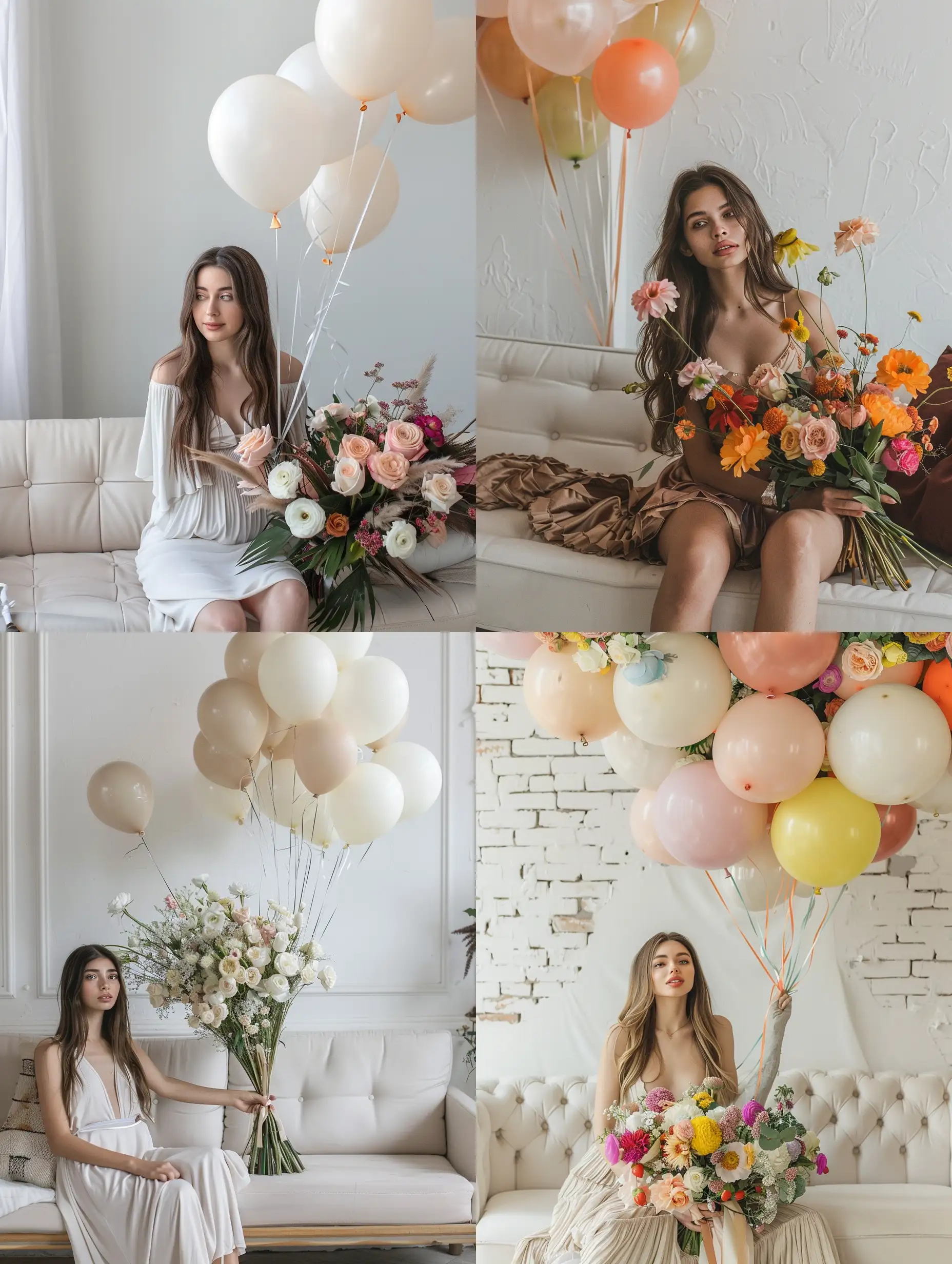 Woman-with-Long-Hair-Holding-Bouquet-on-Birthday-in-Studio-with-Balloons