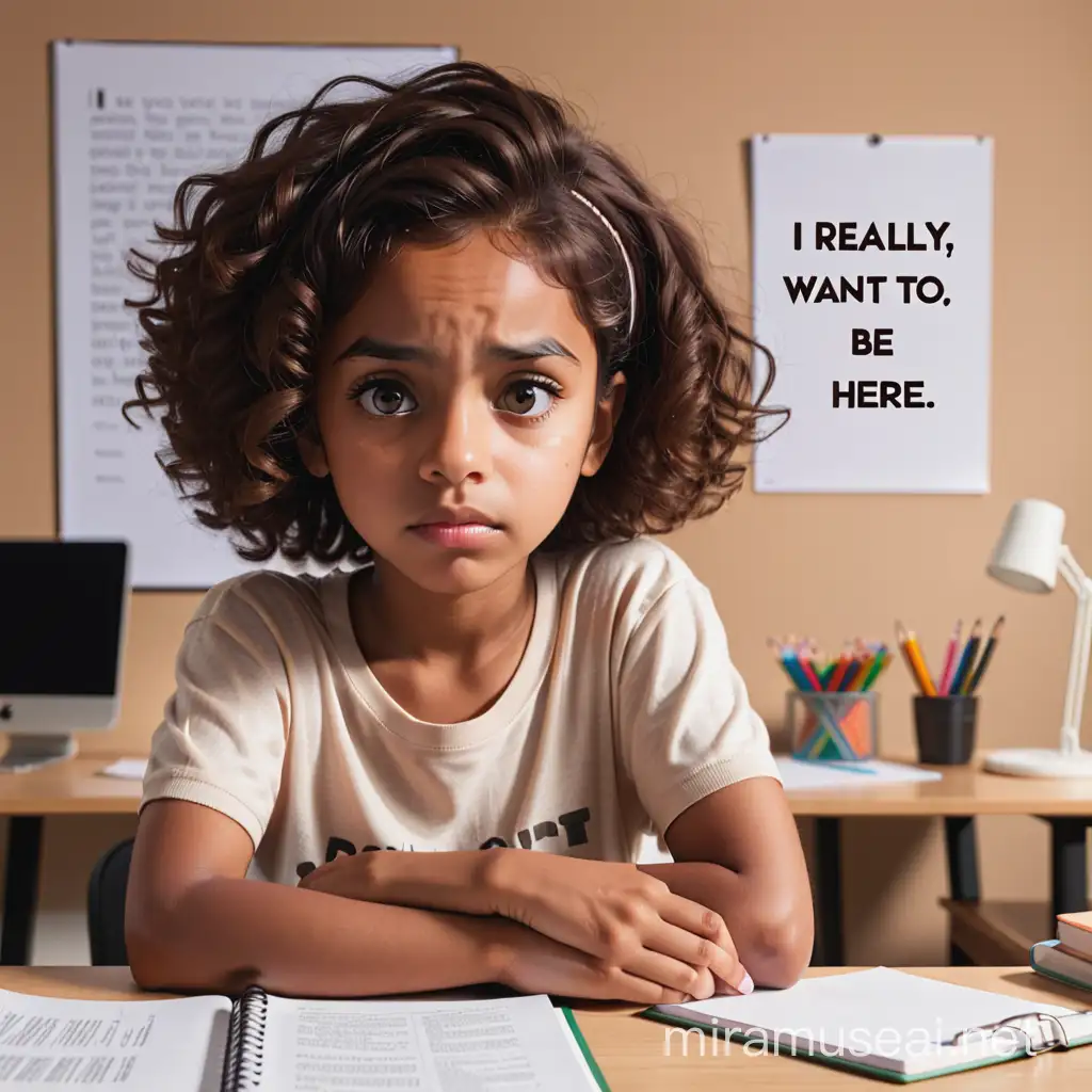 A brown skinned person, sitting at a desk, looking bored with the words “I Really Don’t Want To Be Here” in the background in an upper corner