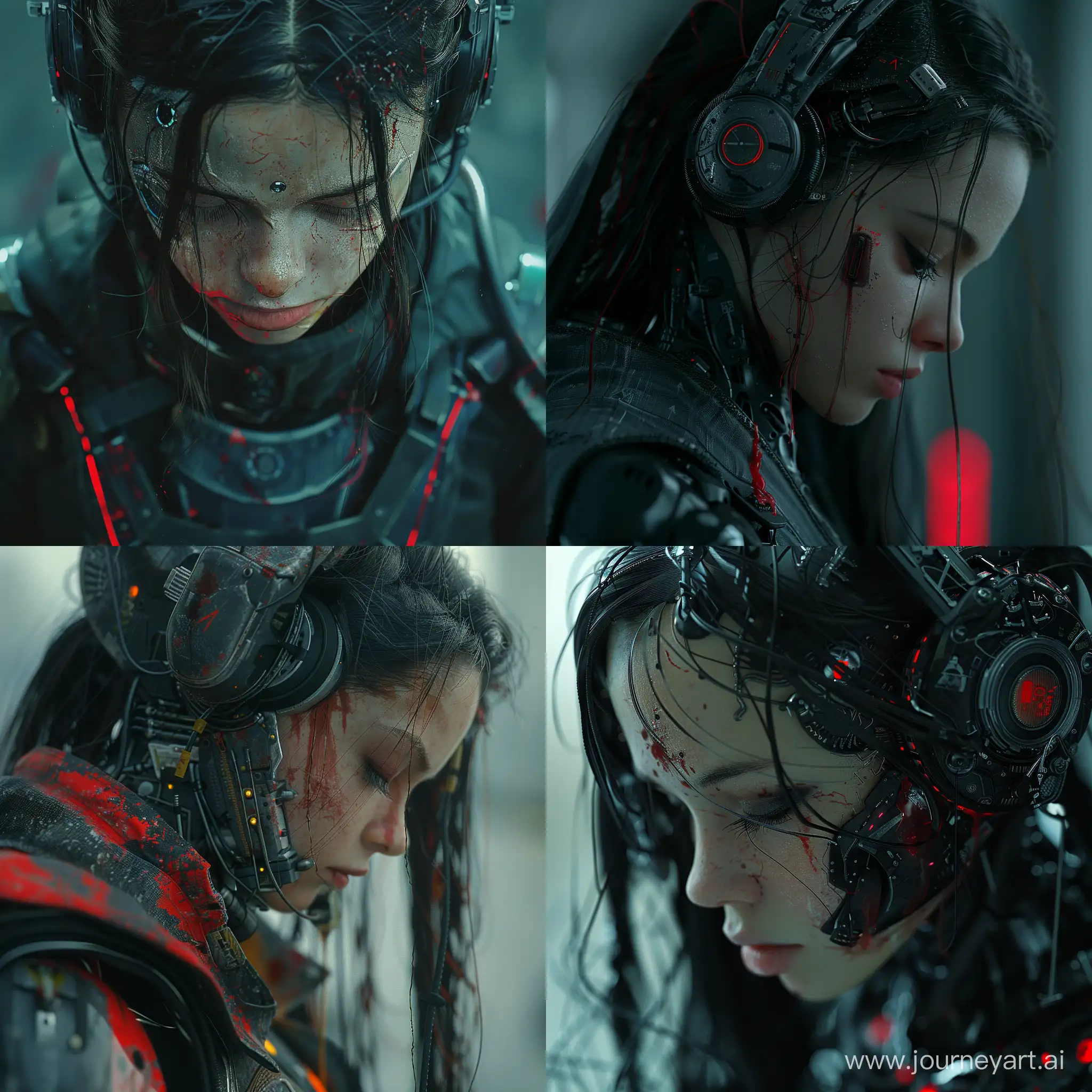 realistic headset music cyborg girl , looking down, cinematic, dark, prime 1 studio, (awe-inspiring:1.1), majestic, pompous, (floating in mid-air:1.5), (leviating:1.5), extreme detailed, flowing cape, chiaroscuro, harsh shadows, bloody highly detailed --style raw --stylize 500
