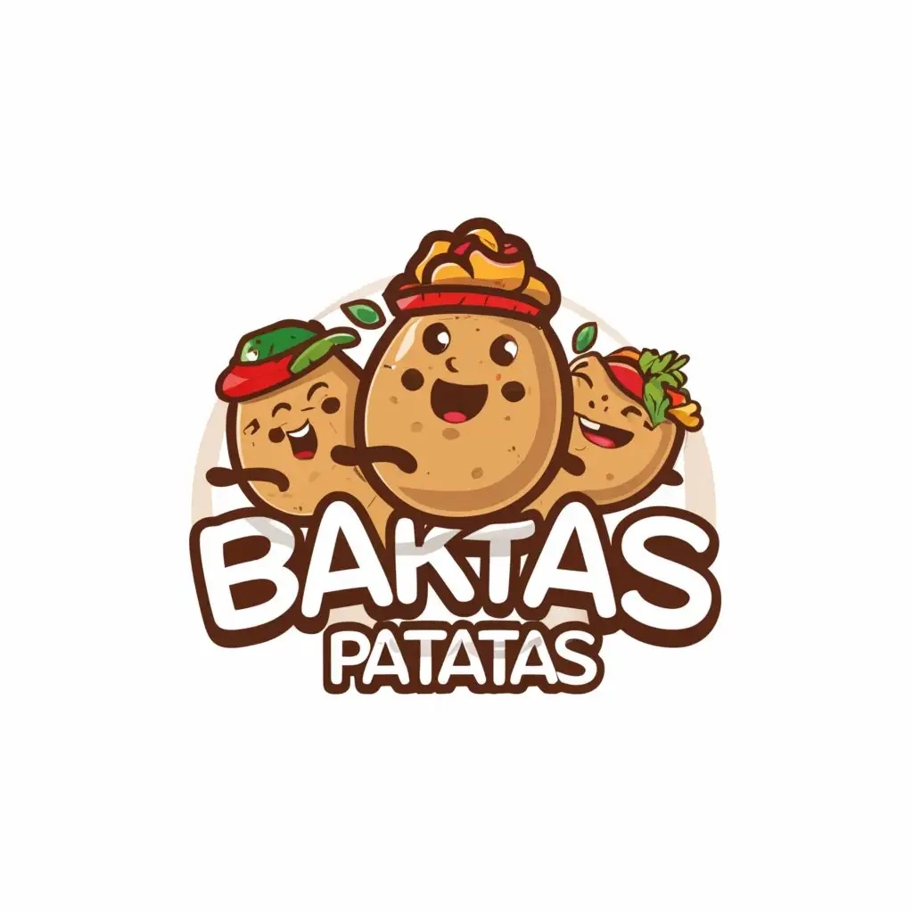 a logo design,with the text "Baktas Patatas", main symbol:Loaded baked potates running to catch the bus,complex,be used in Travel industry,clear background