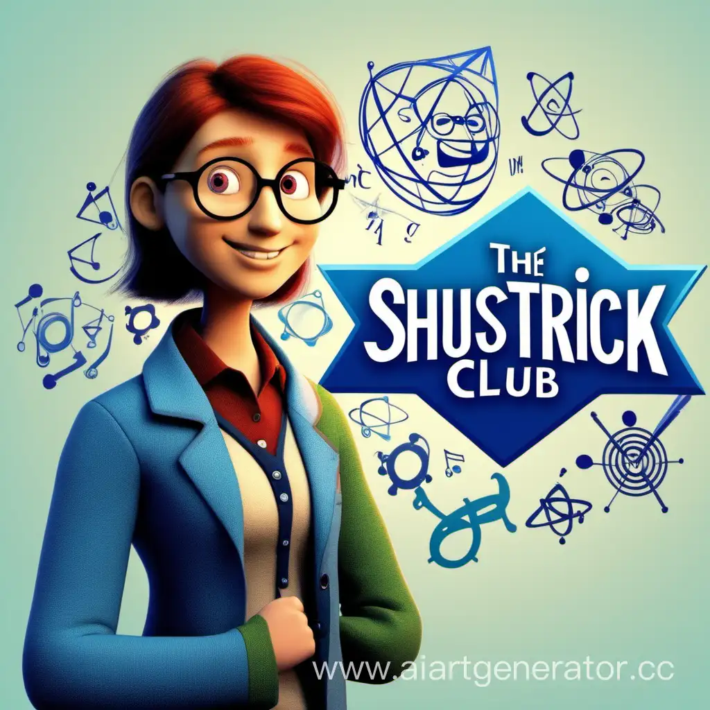 логотип, математический клуб, название "Шустрик" на русском языке, на фоне учитель в стиле Пиксар в синем пиджаке