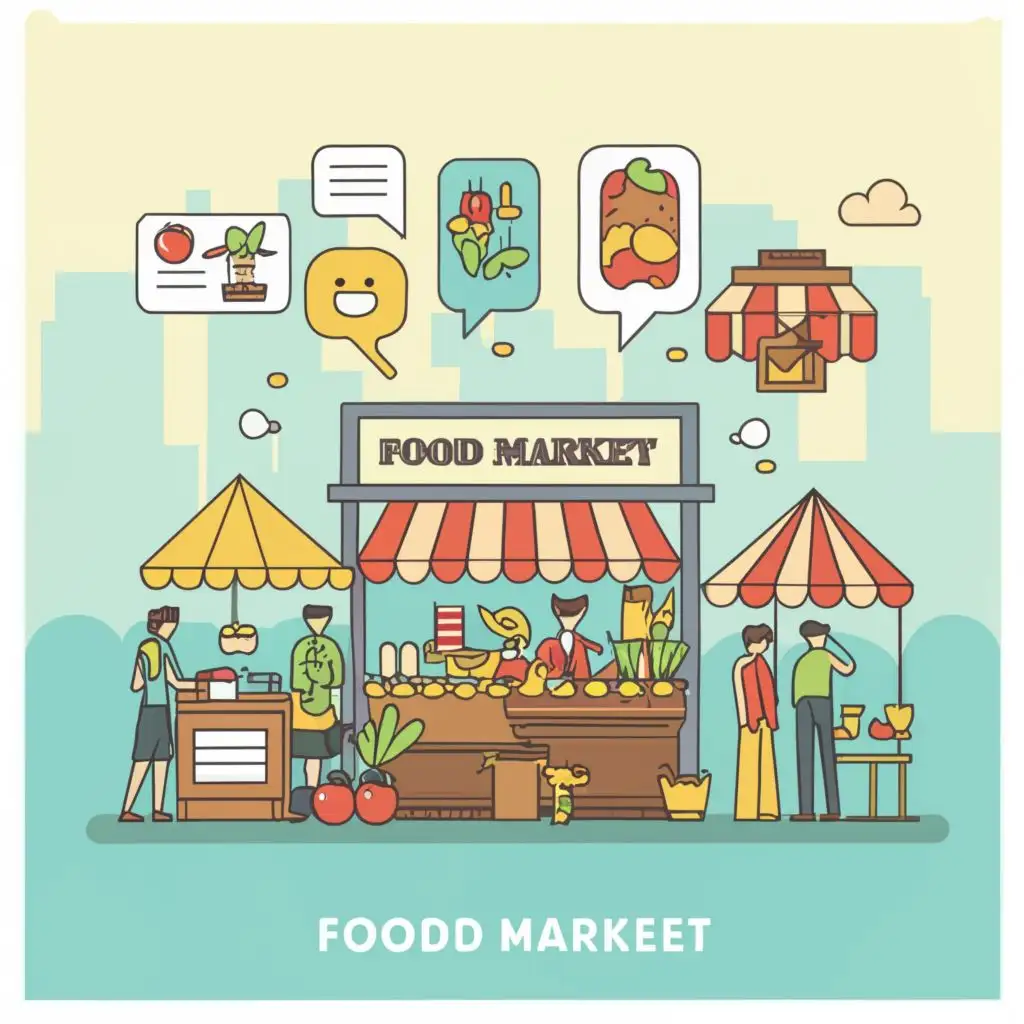 LOGO Design For Market Eats Whimsical Illustration of a Bustling Food ...