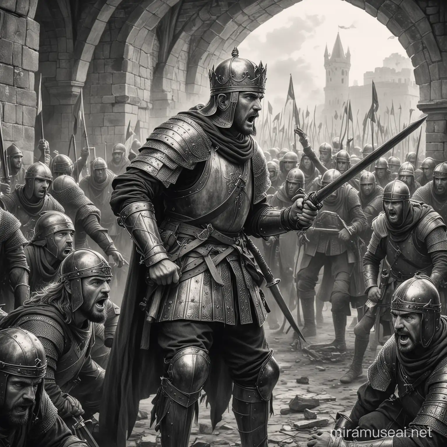 Dibujo en blanco y nego , estilo medieval de soldados amagando al rey y traicionándolo
