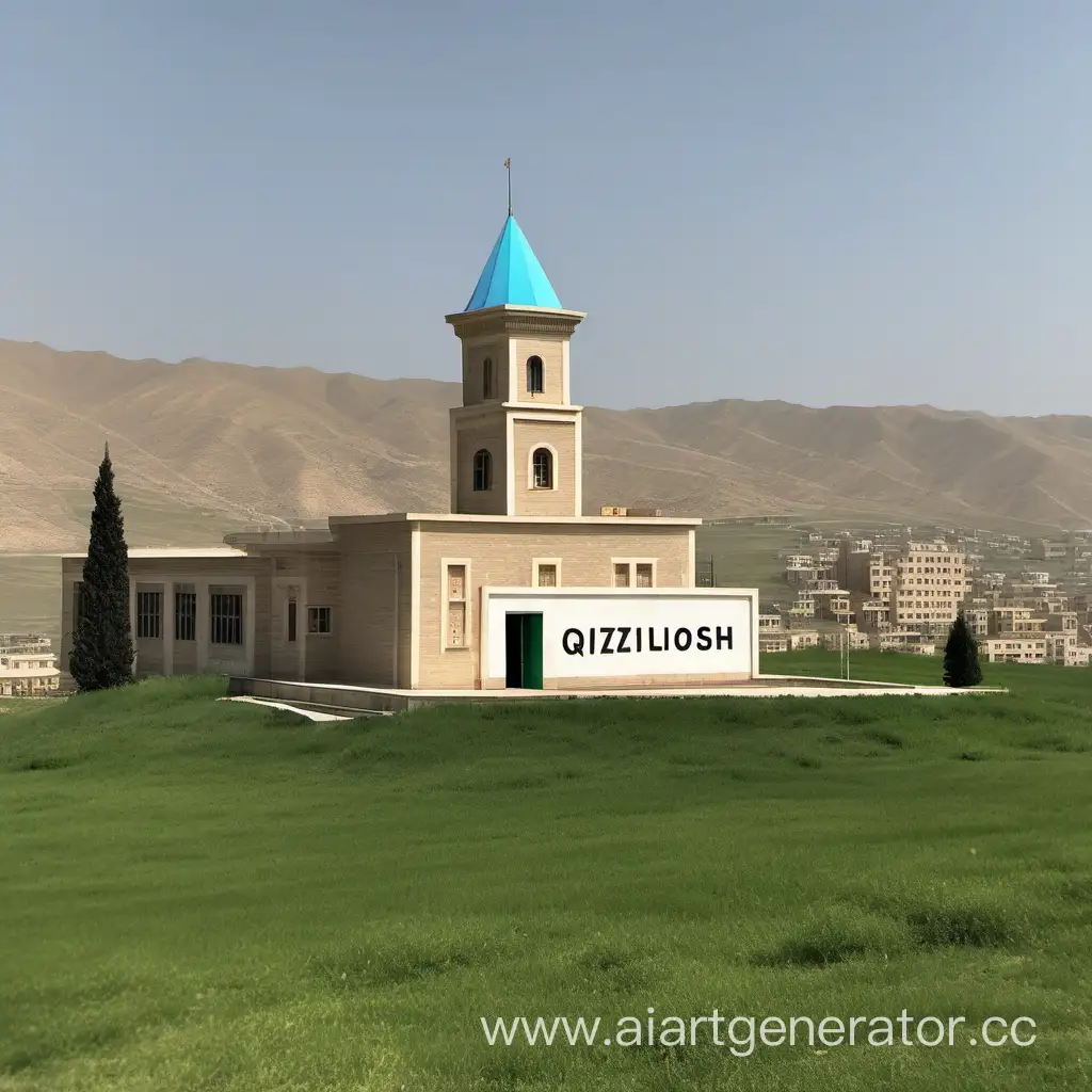 a beautiful little country school is built on the top of green grassed hill. There are a big sign letters  written QIZILQOSH on the mount behind the school.