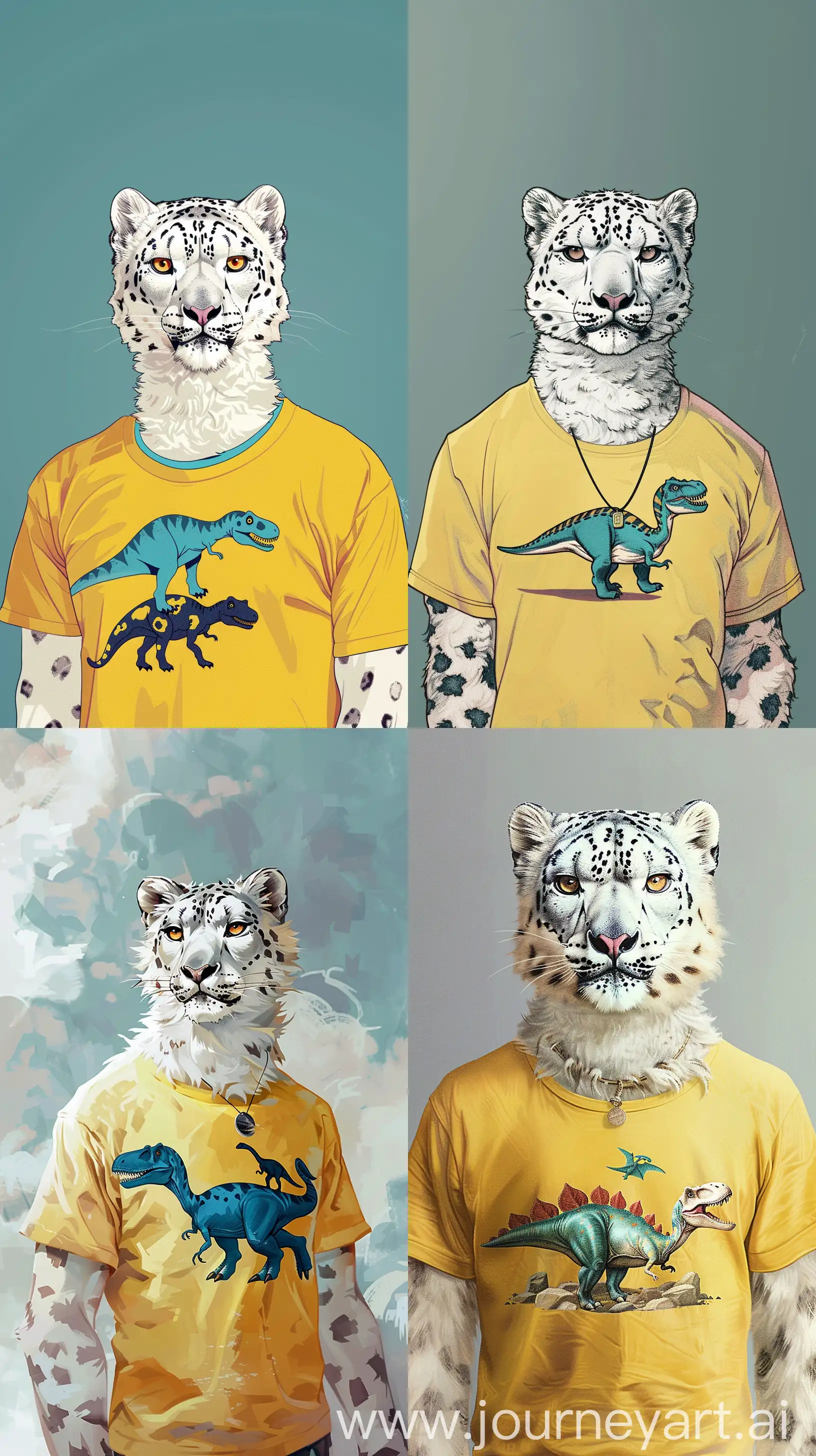Kees van dongen art style of a snow leopard as a man , white body , wearing a yellow t shirt with a dinosaur on it, as phone wallpaper,  --ar 9:16