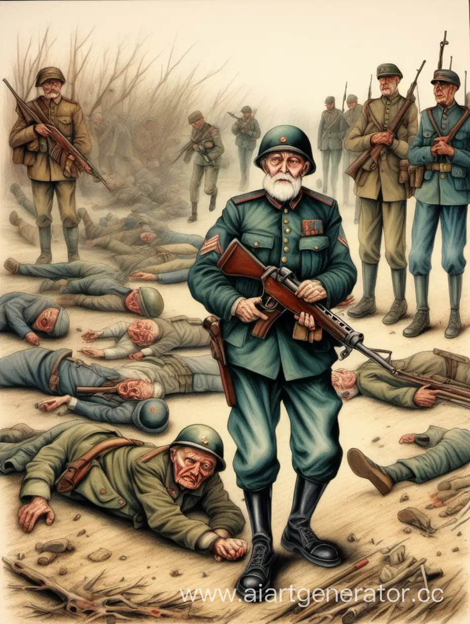 Elderly-Soldier-Leads-Brave-Comrades-War-Scene-in-Naive-Colored-Pencil-Art