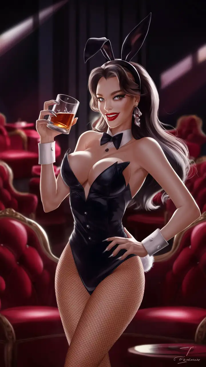 Seductive Woman in Playboy Style Enjoying Whiskey with Bunny Ears