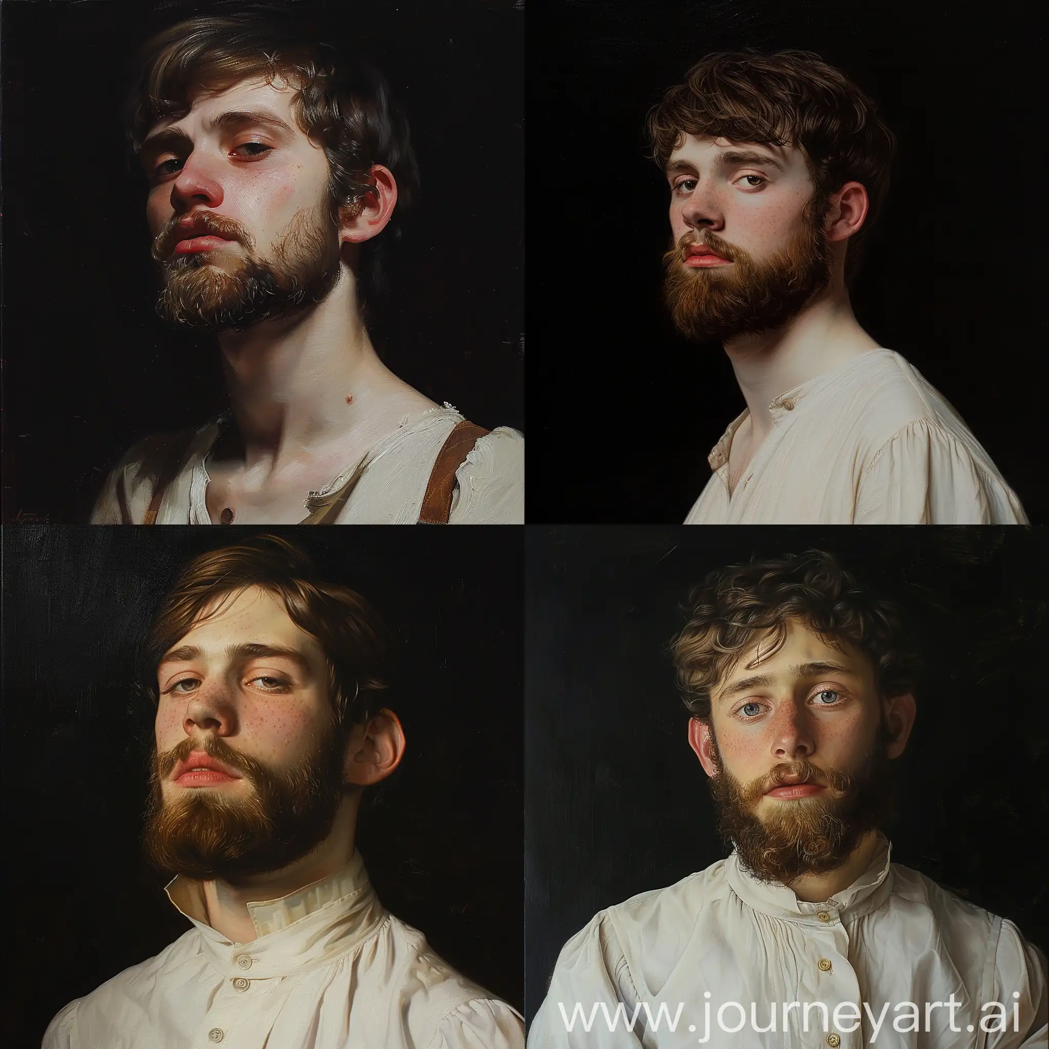 a painting of a young man with beard, wlop John singer Sargent, jeremy lipkin and rob rey, range murata jeremy lipking, John singer Sargent, black background, jeremy lipkin, lensculture portrait awards, casey baugh and james jean, detailed realism in painting, award-winning portrait, amazingly detailed oil painting