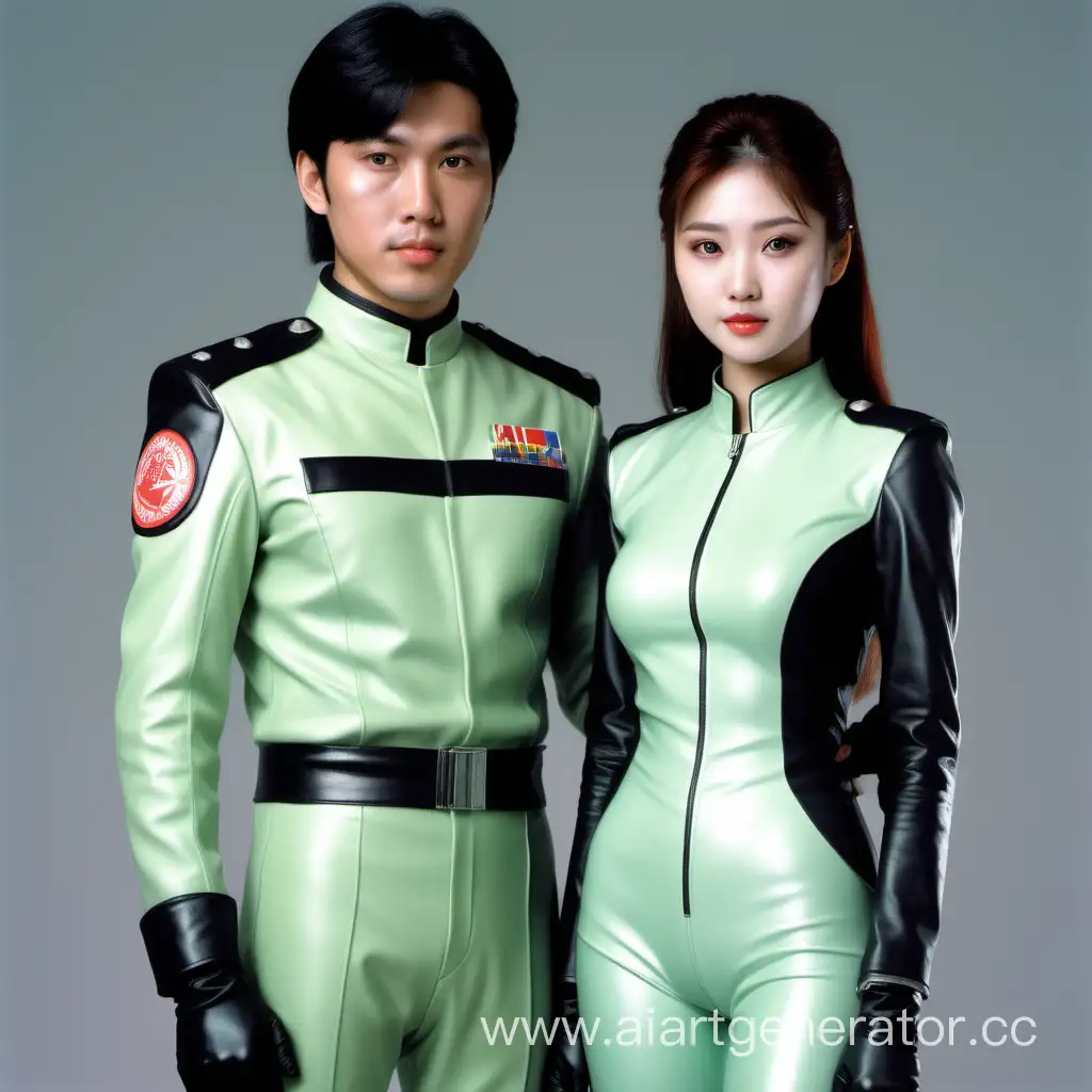 1990, un couple asiatique, debout l'un à côté de l'autre, l'homme a une sorte d'uniforme vert pâle, la fille un peu plus petite que lui, porte une combinaison noire moulante de motarde et un casque noir, style photo réaliste