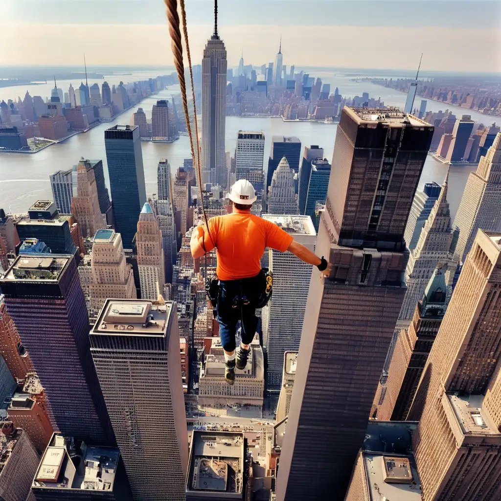 Walking a tight rope in Manhattan over twin towers