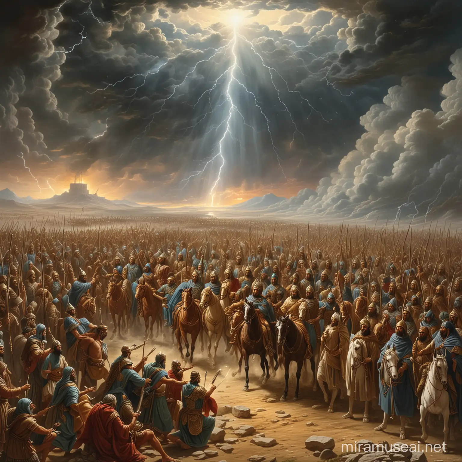 Ancient Persian army receiving lightning from heaven
