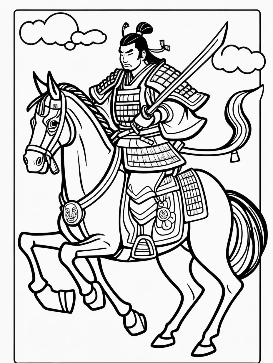 Create samurai on horse cartoon, black and white coloring page for kids with thick lines, no shading, low detail.