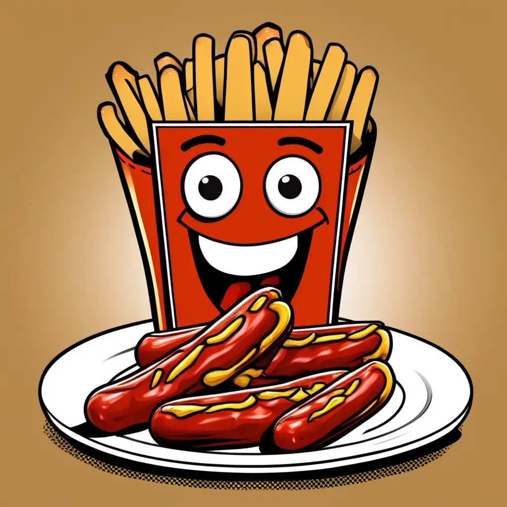 Talking and Laughing Currywurst Fries on a Plate Comic Style Delight