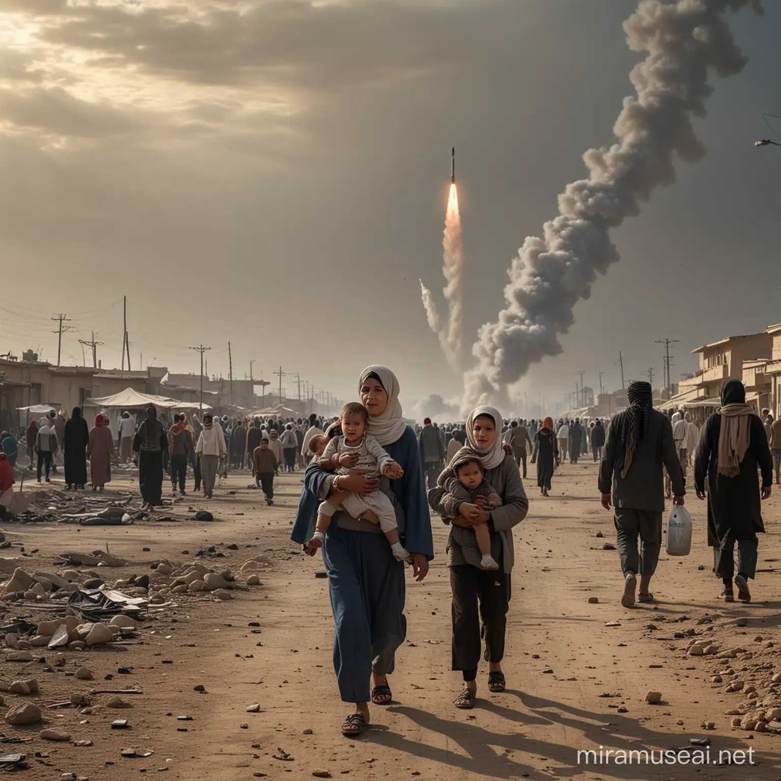 Civilians Escaping War Zone Desperate Families Fleeing Amidst Rocket Strikes