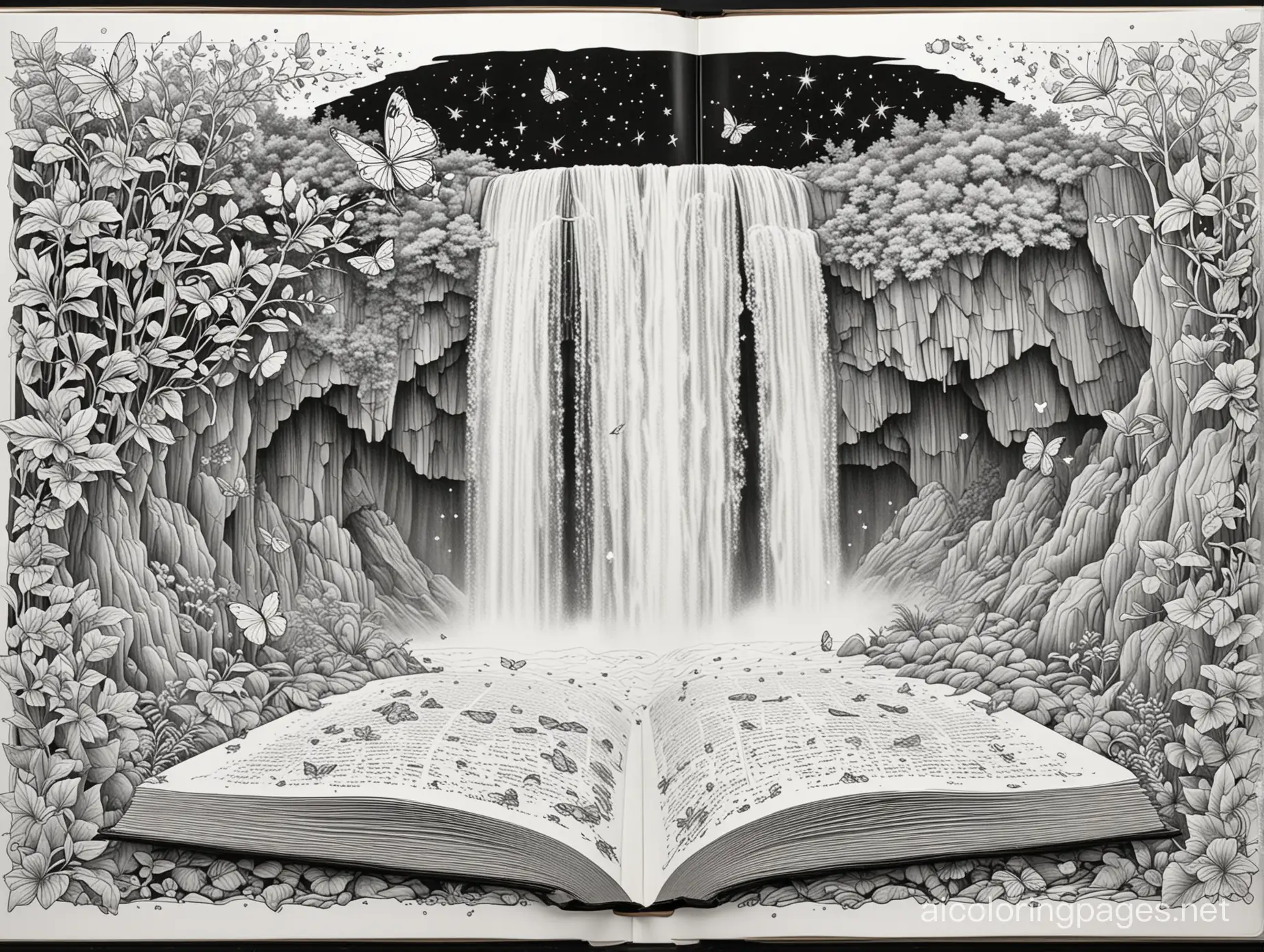 Waterfall-Rising-from-an-Open-Book-with-Stars-and-Butterflies