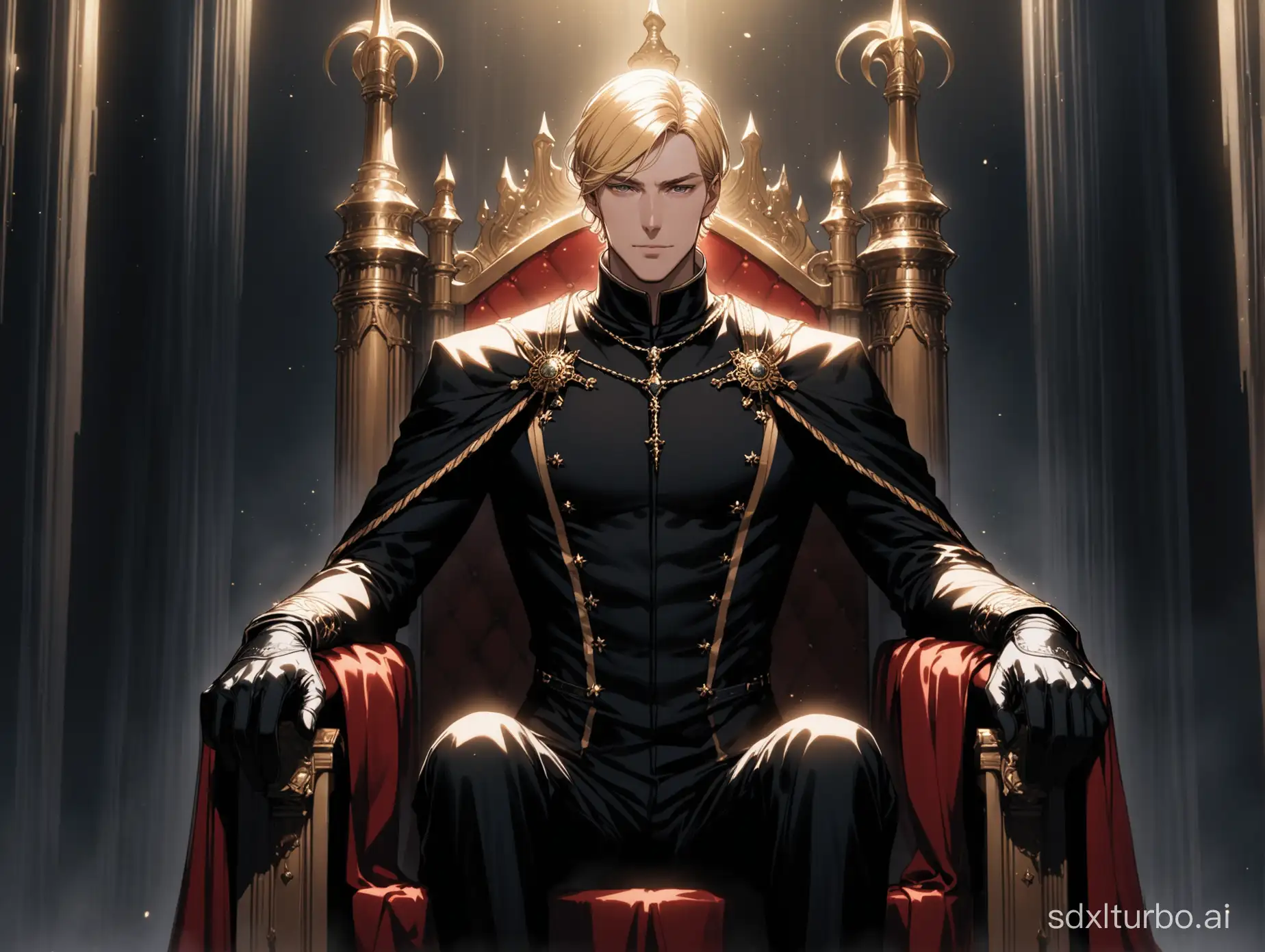 Regal-Tall-Man-with-Short-Blond-Hair-Wearing-Black-Gloves-on-Throne