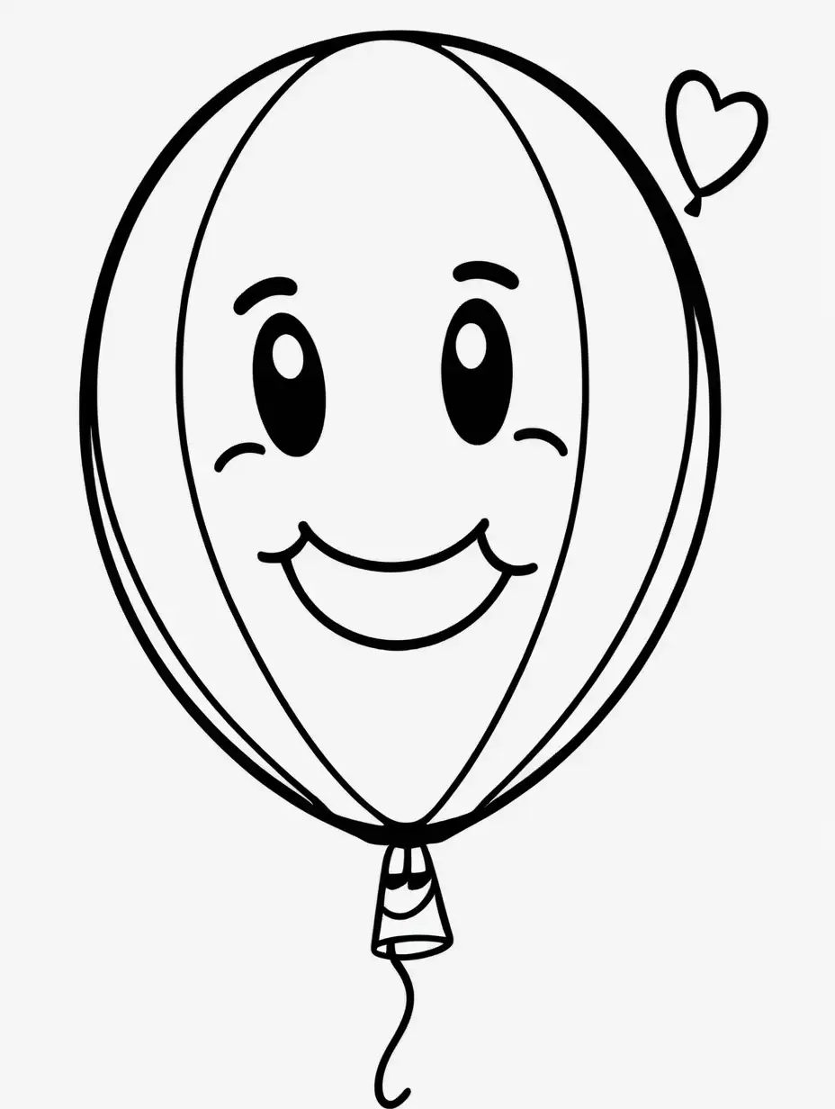 b/w outline art for coloring book page: a balloon with a happy face, kids style, cute, romantic, with hearts (((((white background))))). Only use outline, cartoon style, very clean line art, no shadow