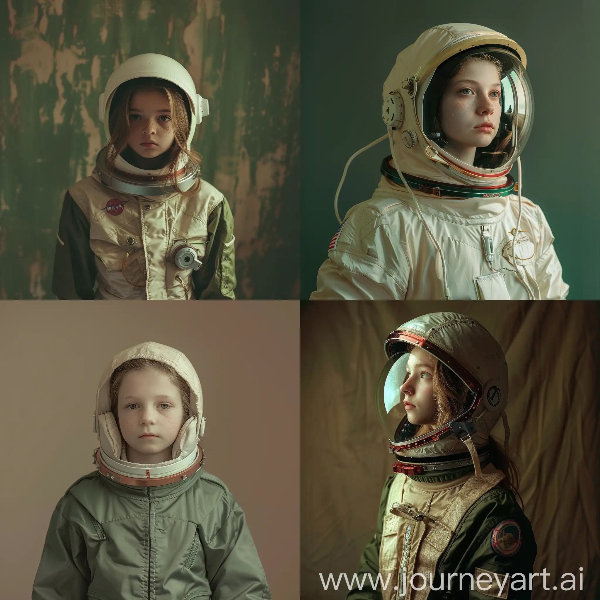 穿着宇航服的女孩，当代现实主义肖像摄影风格，深绿色和浅米色，迷人的纪实照片