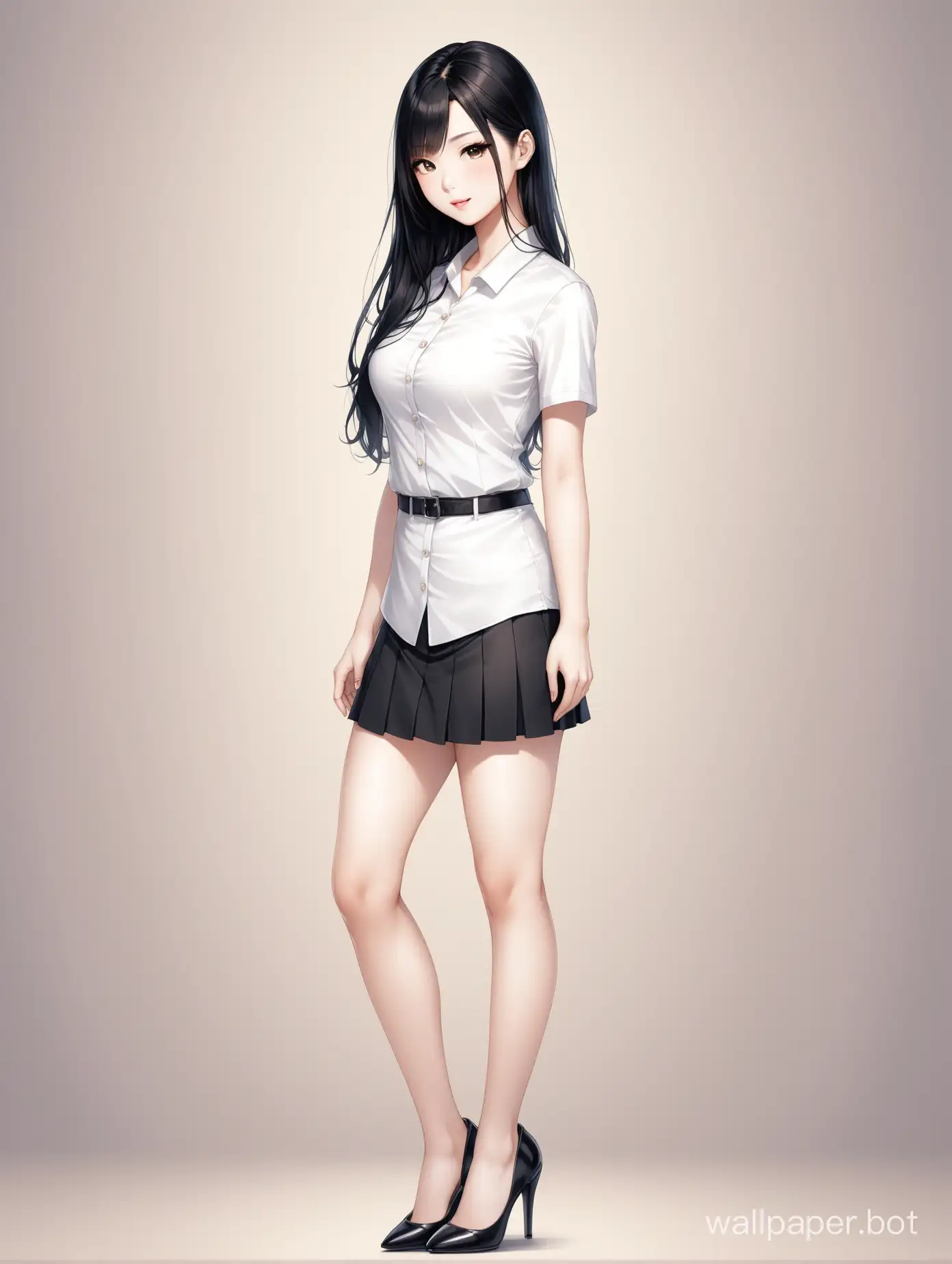 High detail asian female photo. Long black hair.white skins. Full body standing. Soft filter. Pump heels. Low waist short skirt.