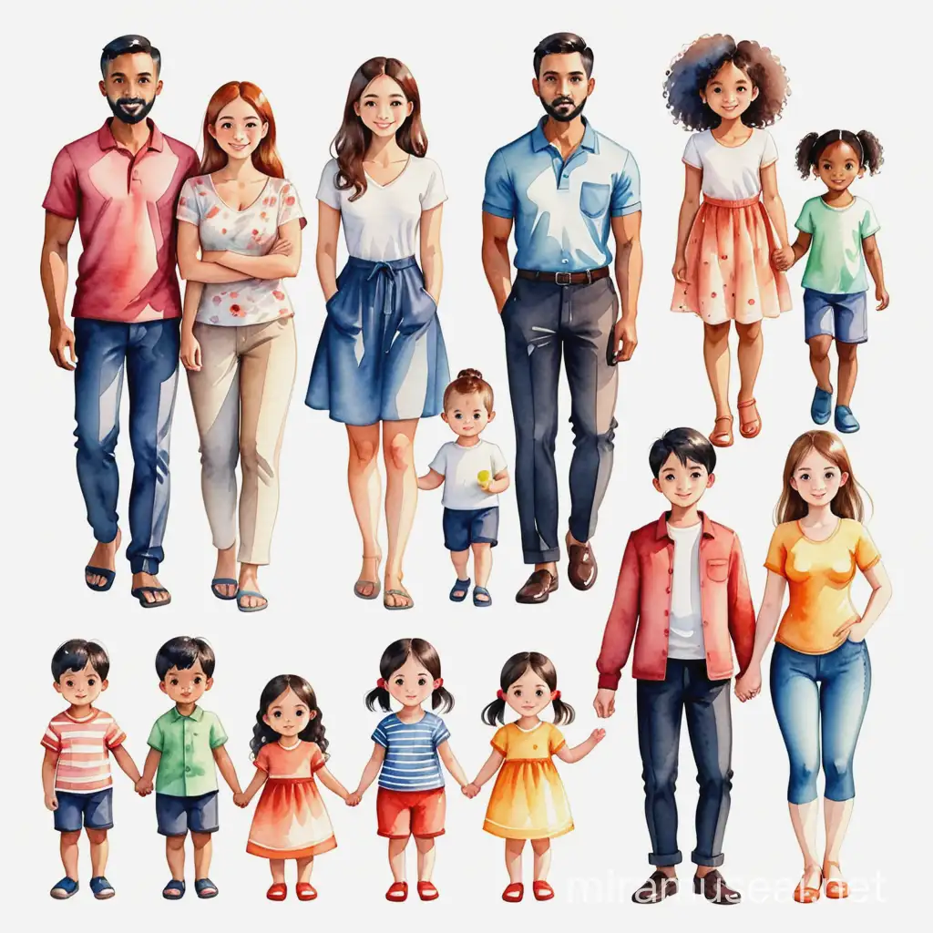 a set of different families of different nationalities and races, water color illustration
