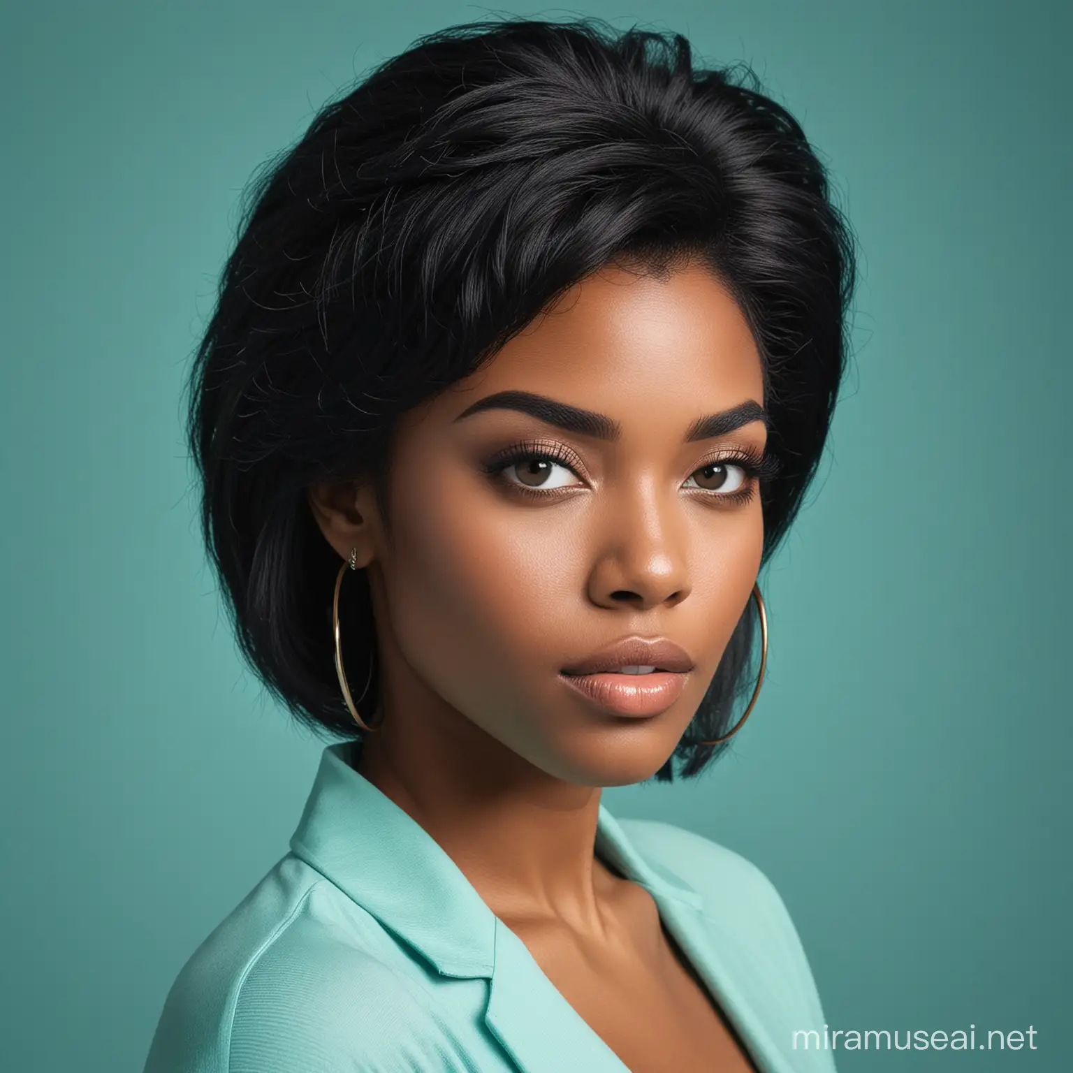 Elegant Black Women with Straight Hair on Teal Background