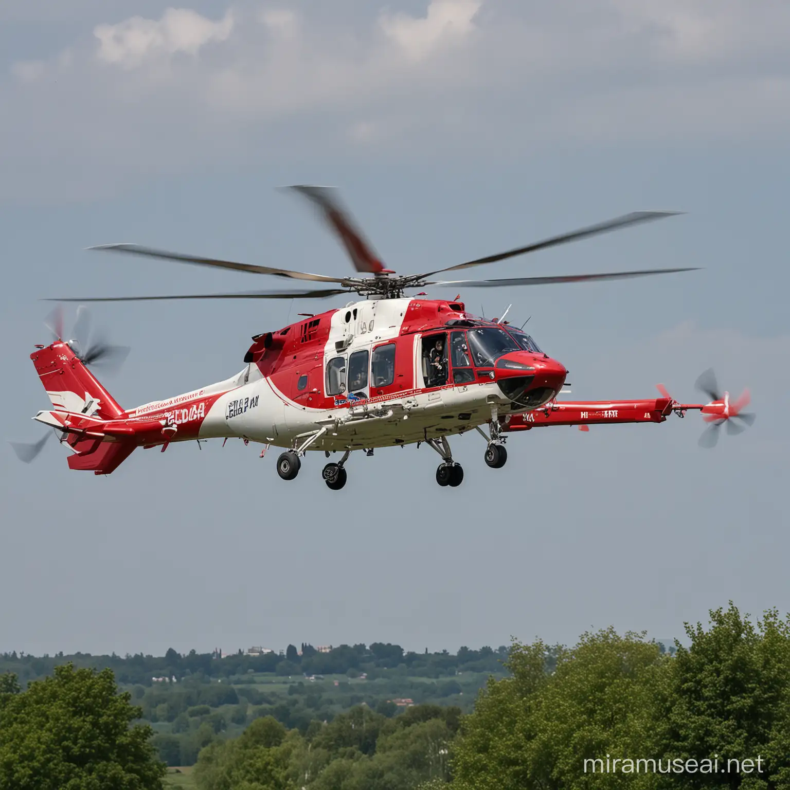 RettungsHubschrauber, rot weiss, Flugrettung, fliegend über Fulda-Galerie