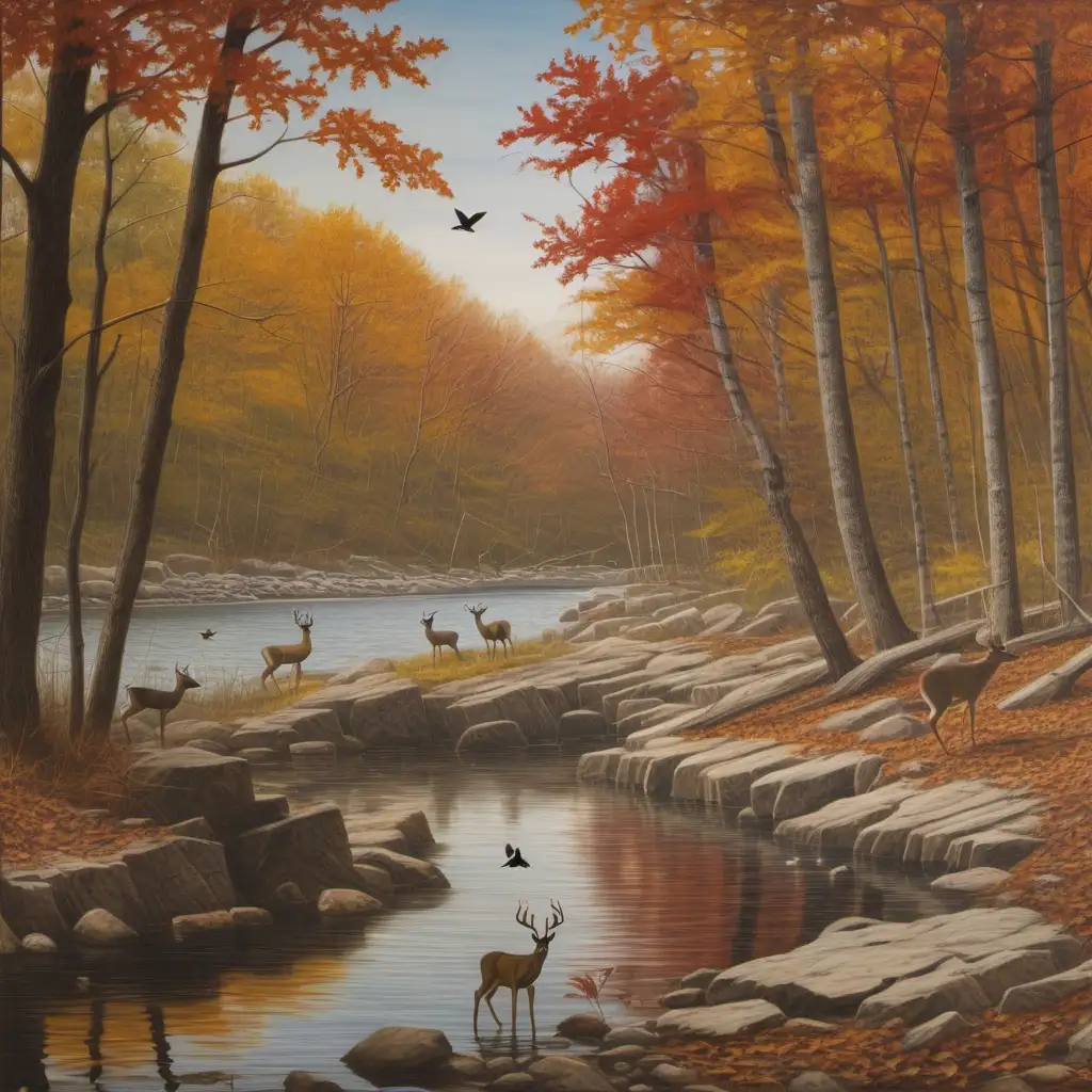 Tranquil Autumn Scene Serene Rocky Creek Shoreline with Wildlife