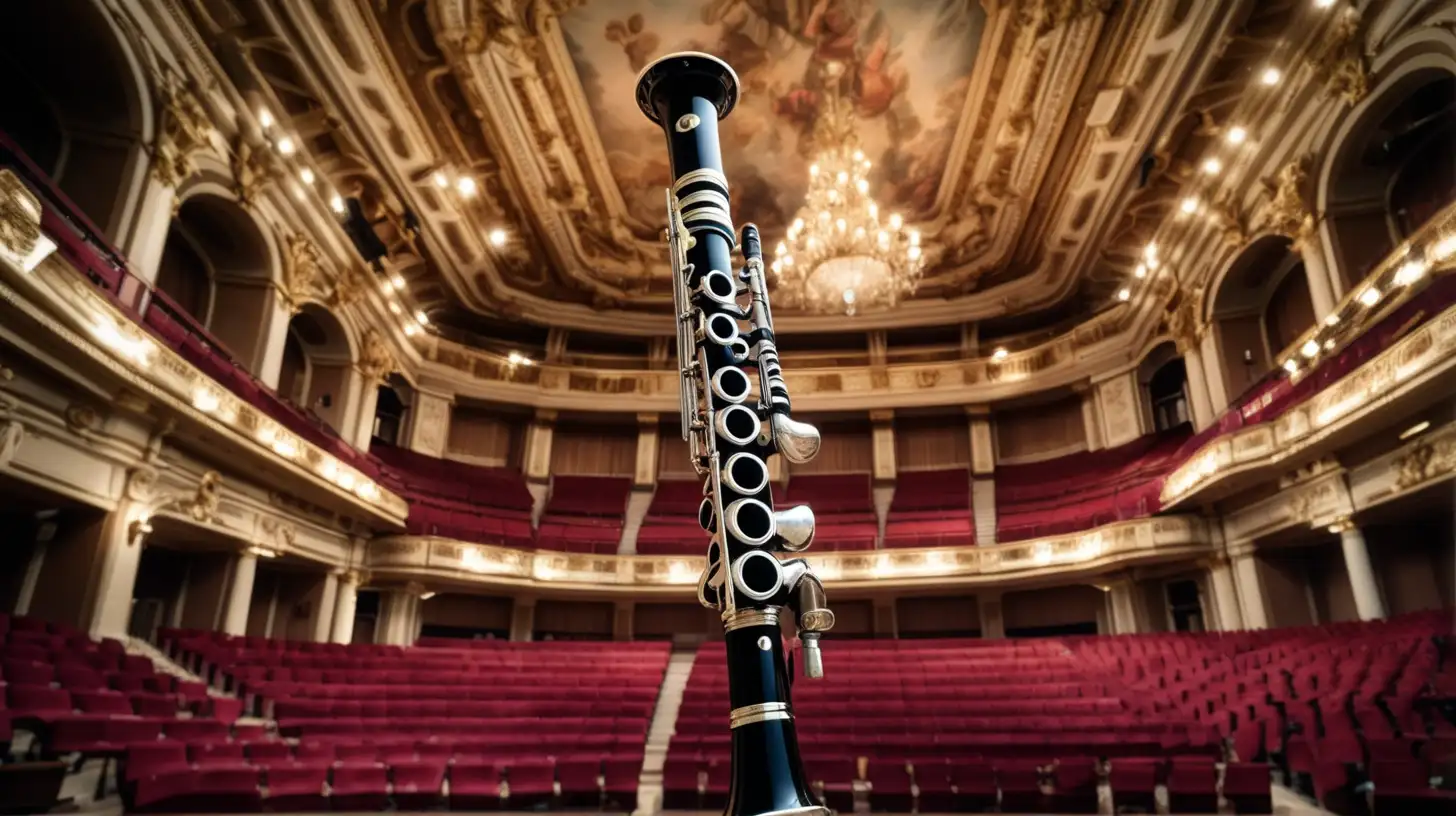 Кларнет на фоне концертного зала в стиле барокко 
