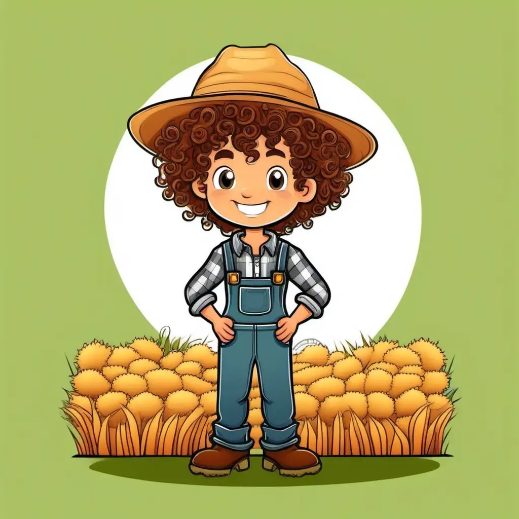 Adorable Cartoon Farmer Boy with Curly Hair
