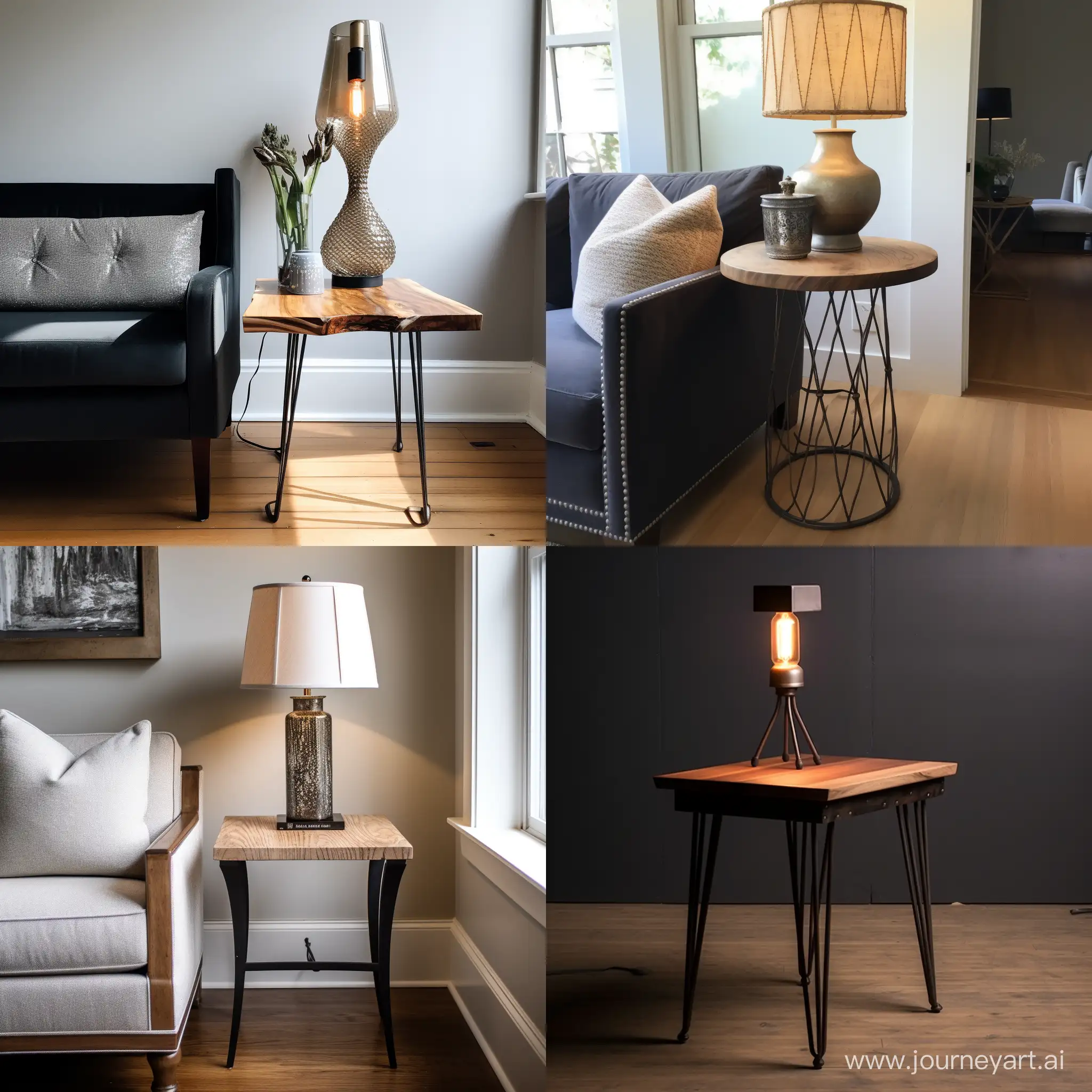 end table with wood top and black beaded legs. studio lighting