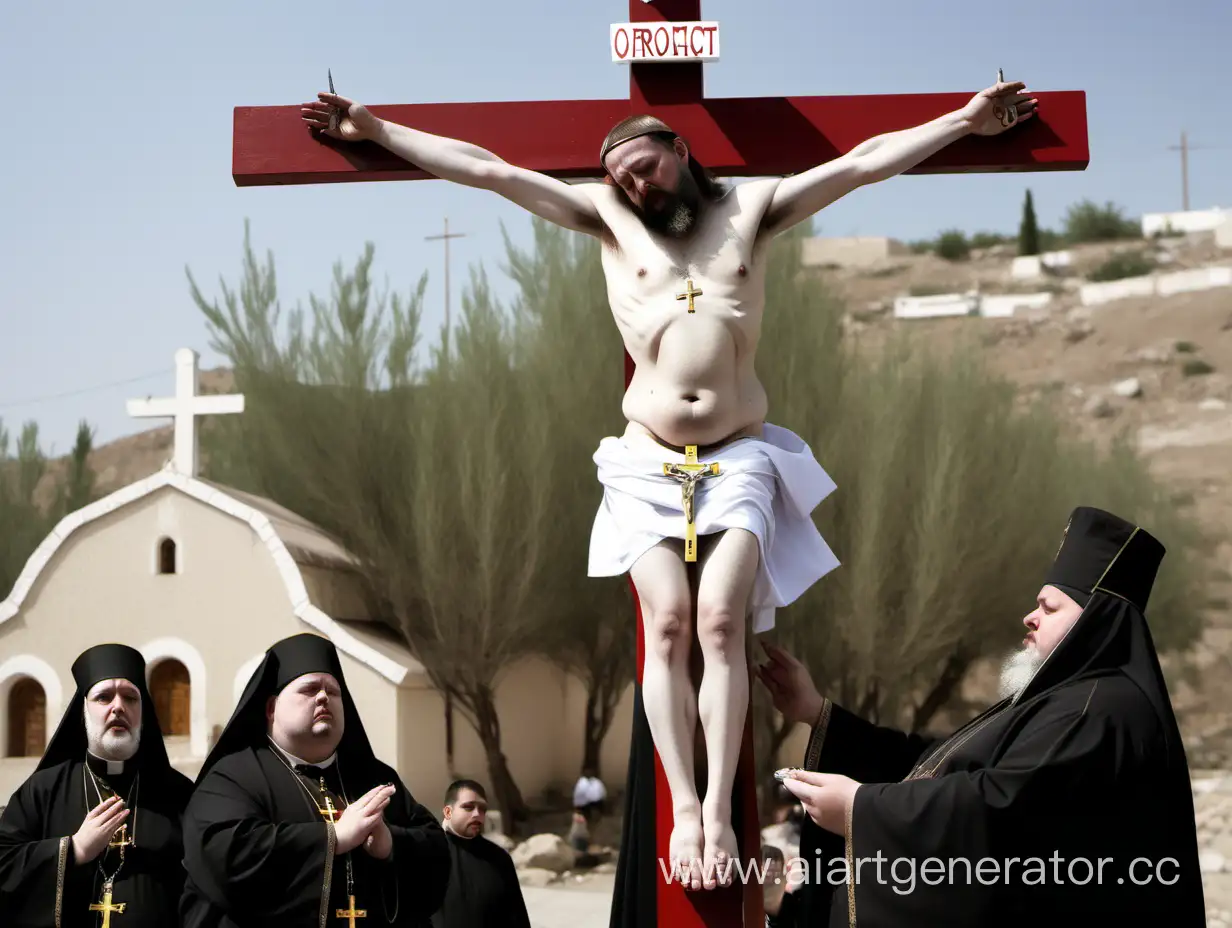 толстый православный священик распят на кресте