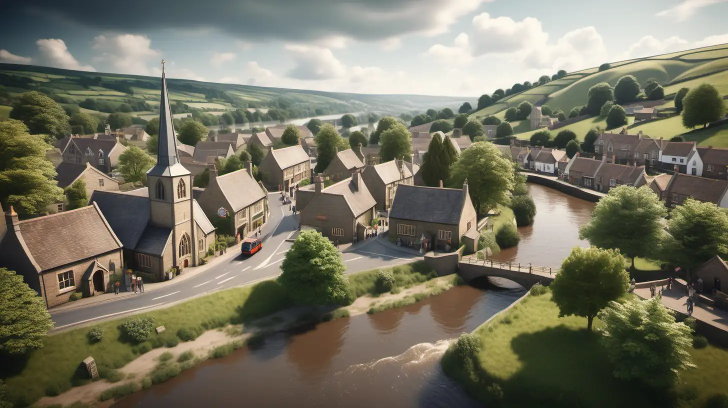 landscape of cute english village, with a church, houses, pub, school, a river running through the centre, hills in the background with trees. Ultra realistic. Wide-Angle Shot.
