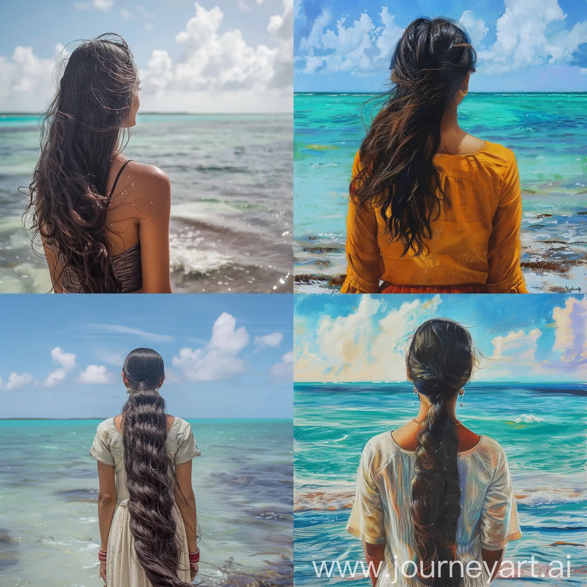 indian woman with long hair facing the sea in ambergris caye pastel style