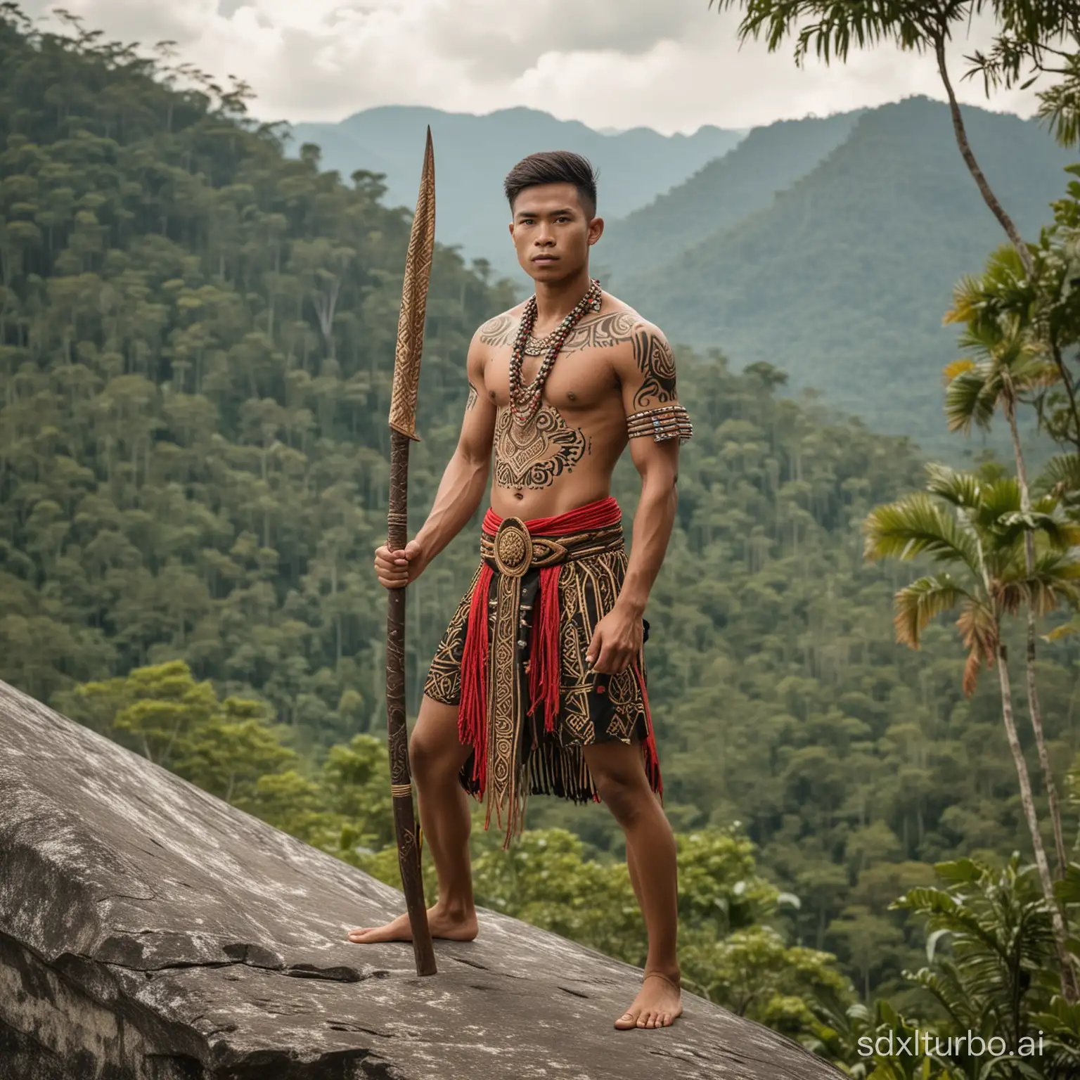 Young-Indonesian-Man-in-Traditional-Borneo-Dayak-Clothing-with-Mandau-Weapon-in-Wilderness