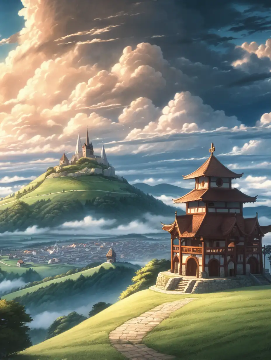 Medieval Shrine Amidst Anime Hill Kingdom Under Dramatic Sky