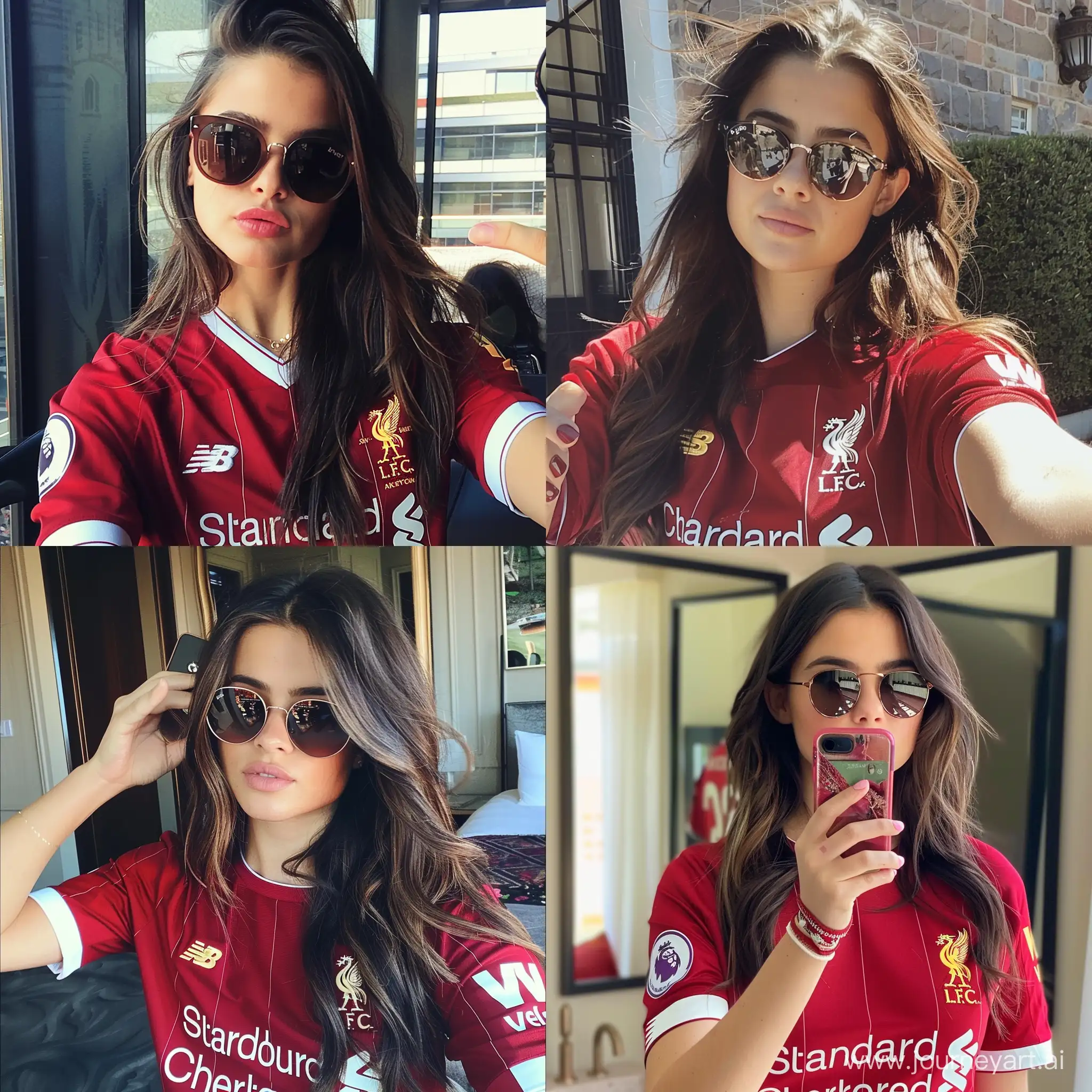 Selena Gomez with long hair ,wearing sunglasses and liverpool fc jersey is taking a selfie --v 6 --ar 1:1 --no 38945