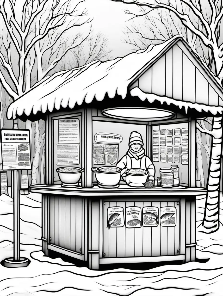 Create a black and white coloring page, black outlines, no color, no shading and no grayscale of a Finnish salmon soup kiosk in a winter market
