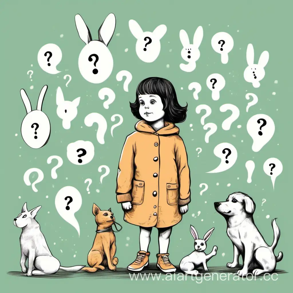 Собака и ребенок, вокруг вопросики, или собака, вокруг которой вопросики. Можно нарисовать собаку в костюмчике кошки или зайчика (она думает, что она такая)
