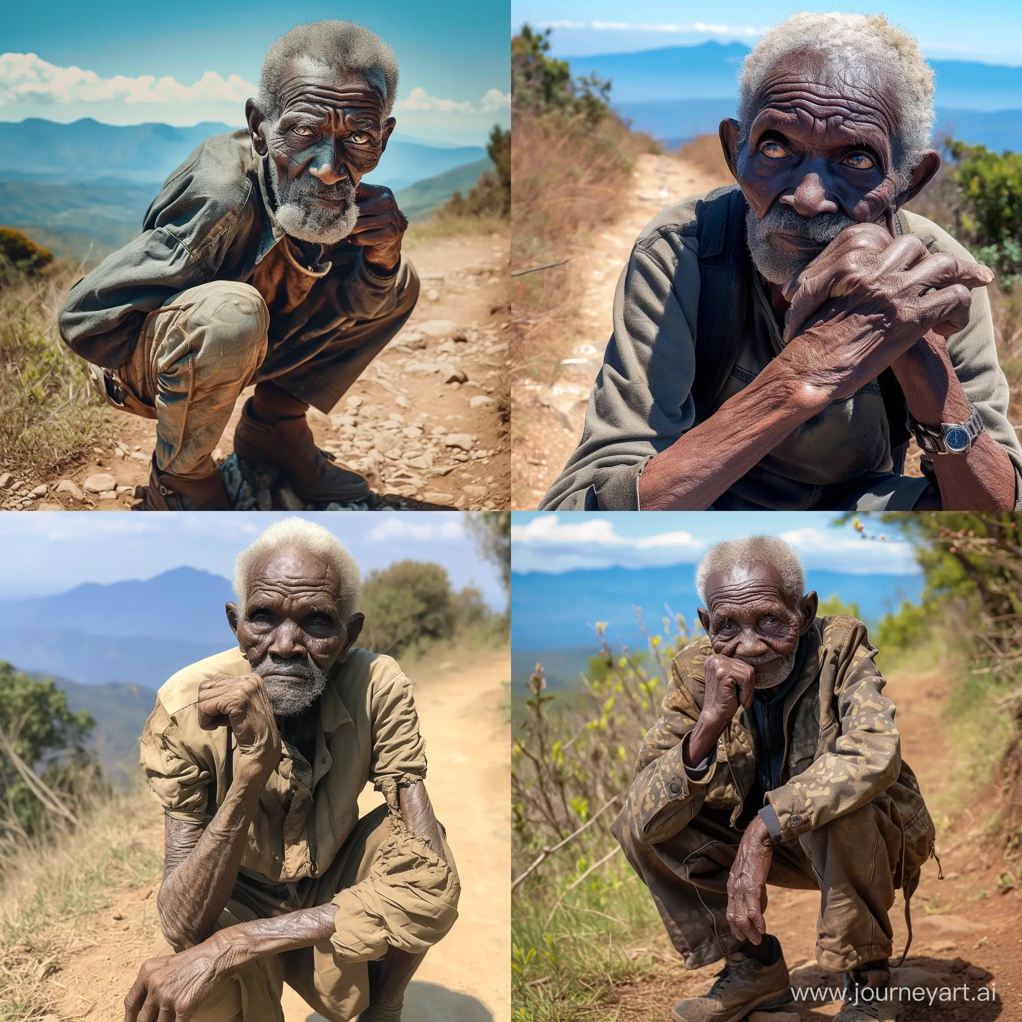 Contemplative-African-Elder-Posing-on-Sunny-Hiking-Trail-with-Blue-Mountains-Background