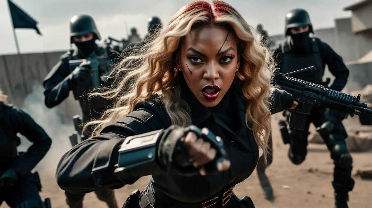 a cinematic scene shot on a Sony a1 6mm 2.8 f: a wide angle shot from top  of a beautiful  light skin blonde haired woman with bangs fighting a militia in a cropped tactical outfit, Beyonce, straight long hair, black widow, realistic, high detail, dark red lips