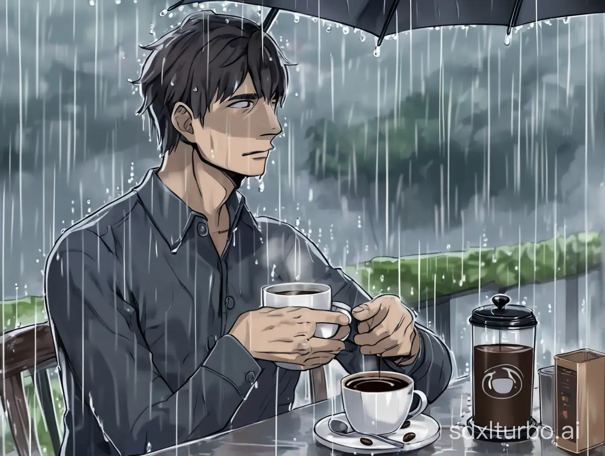 Man-Enjoying-Coffee-in-the-Rain