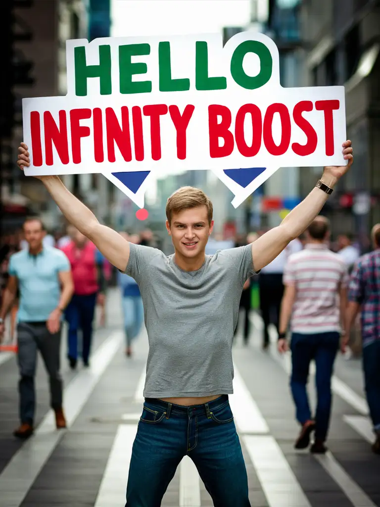 The image shows a young Russian man standing in the foreground holding a large sign that reads "Hello INFINITY BOOST" in colorful letters. The man is smiling and looking directly into the camera. He is dressed in casual clothing consisting of a gray t-shirt and blue jeans. The background shows a city street with many people walking on the sidewalk, several buildings and traffic lights. The focus is on the man holding the sign, suggesting that he is trying to socialize or greet INFINITY BOOST, perhaps in reference to some personal event or holiday.