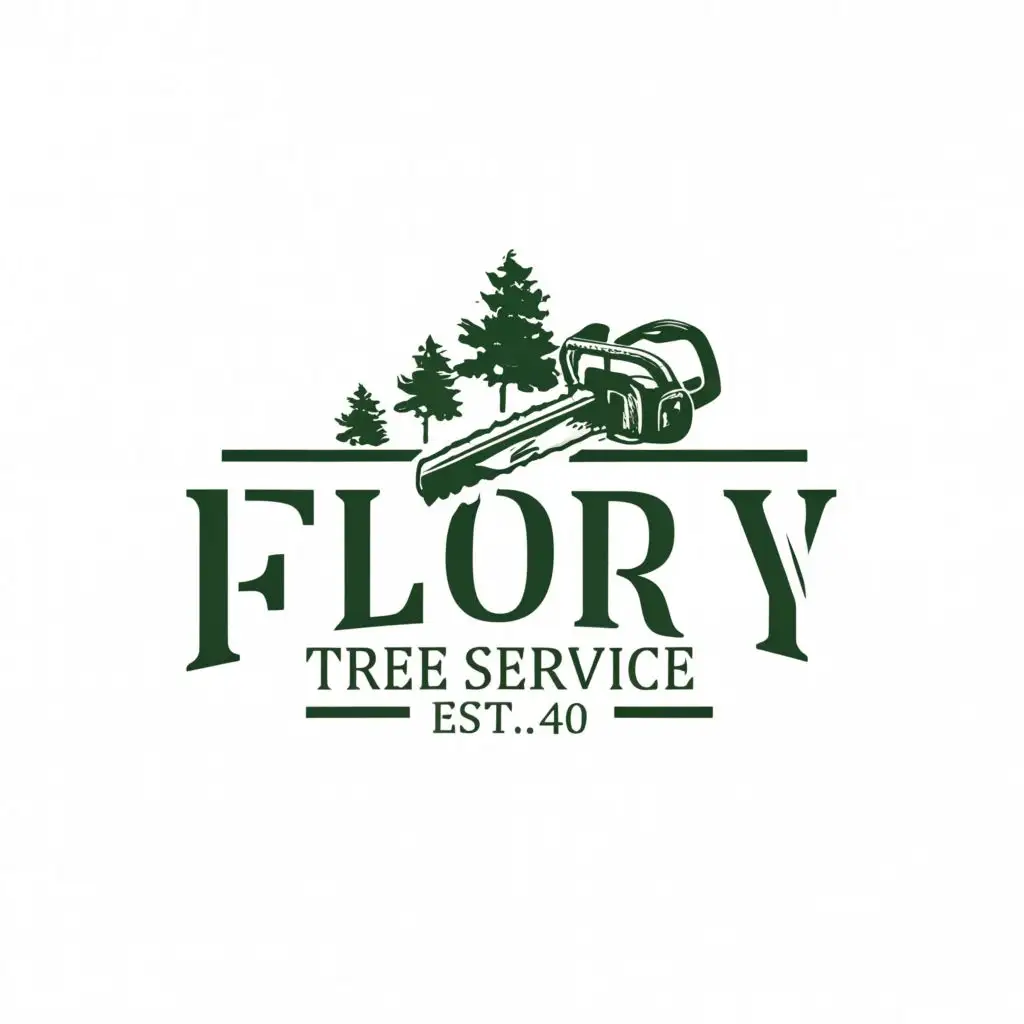 a logo design,with the text "Flory tree service", main symbol:chainsaw and trees in background,complex,clear background