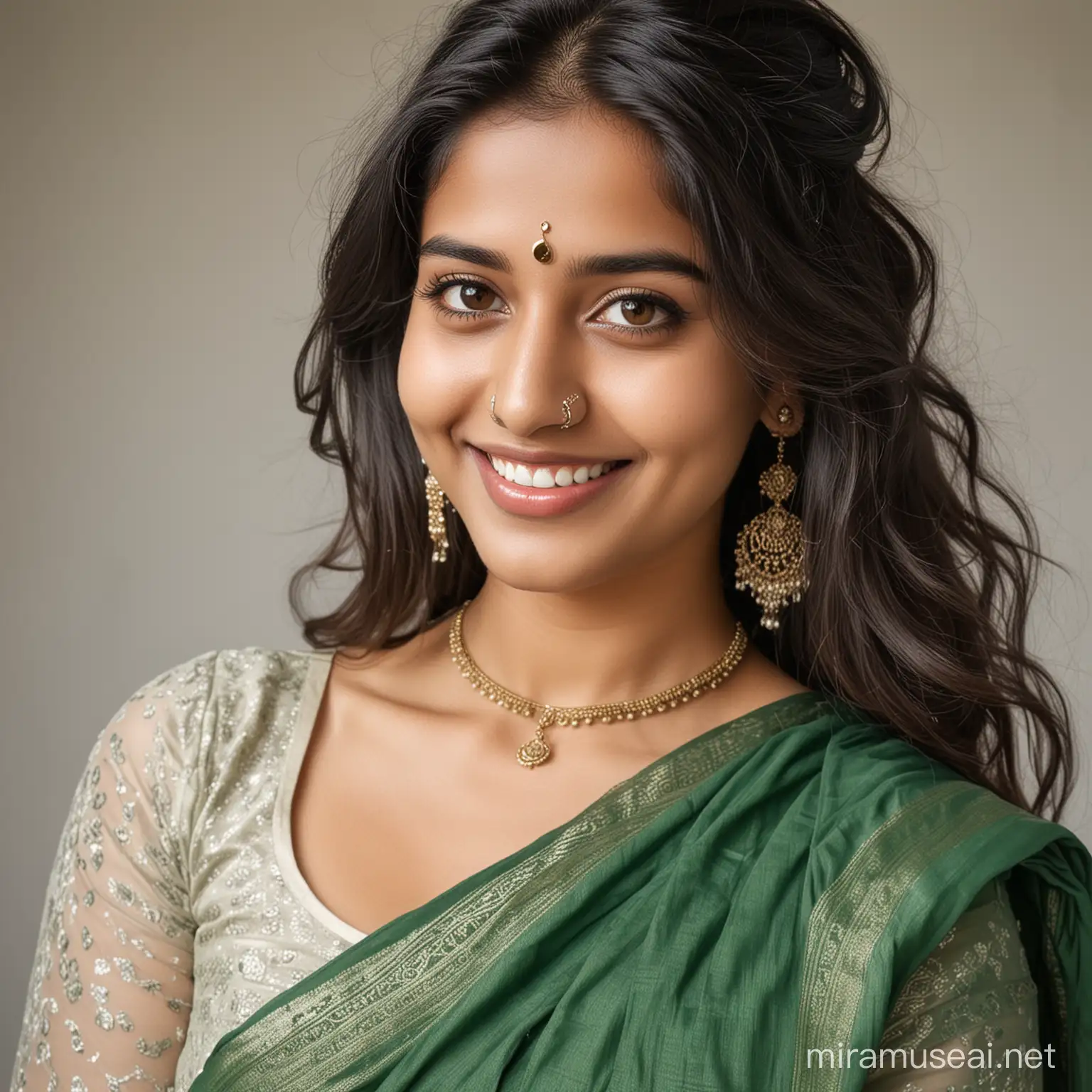 A beautiful white skinned Indian girl with thick loose hair, dressed in green saree and grey blouse with a long nose and a nose ring smiling. 