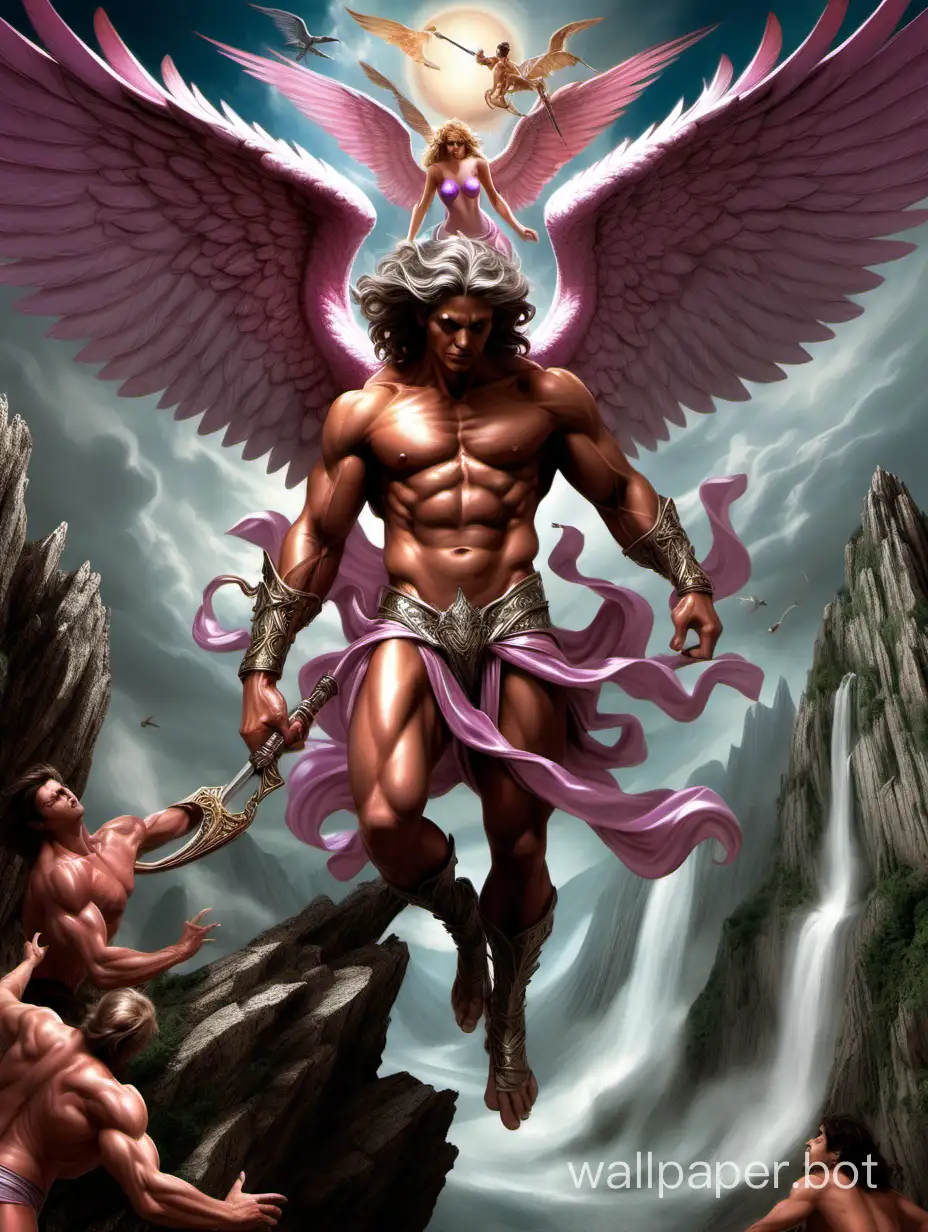 Craft breathtaking and mind-blowing magical fantasy creatures with extraordinary details and vibrant pastel colors. Envision a fantastical beautiful male avenging angel wrestles a demon with a level of intricacy that captivates the imagination. Strive for a smooth gloss finish to enhance the final 8k to 16k resolution. Draw inspiration from the artistic styles of Julie bell and Larry Elmore. Let your creativity flow without limitations, exploring the fantastical realms of imagination.  Low angle view, waist up view.