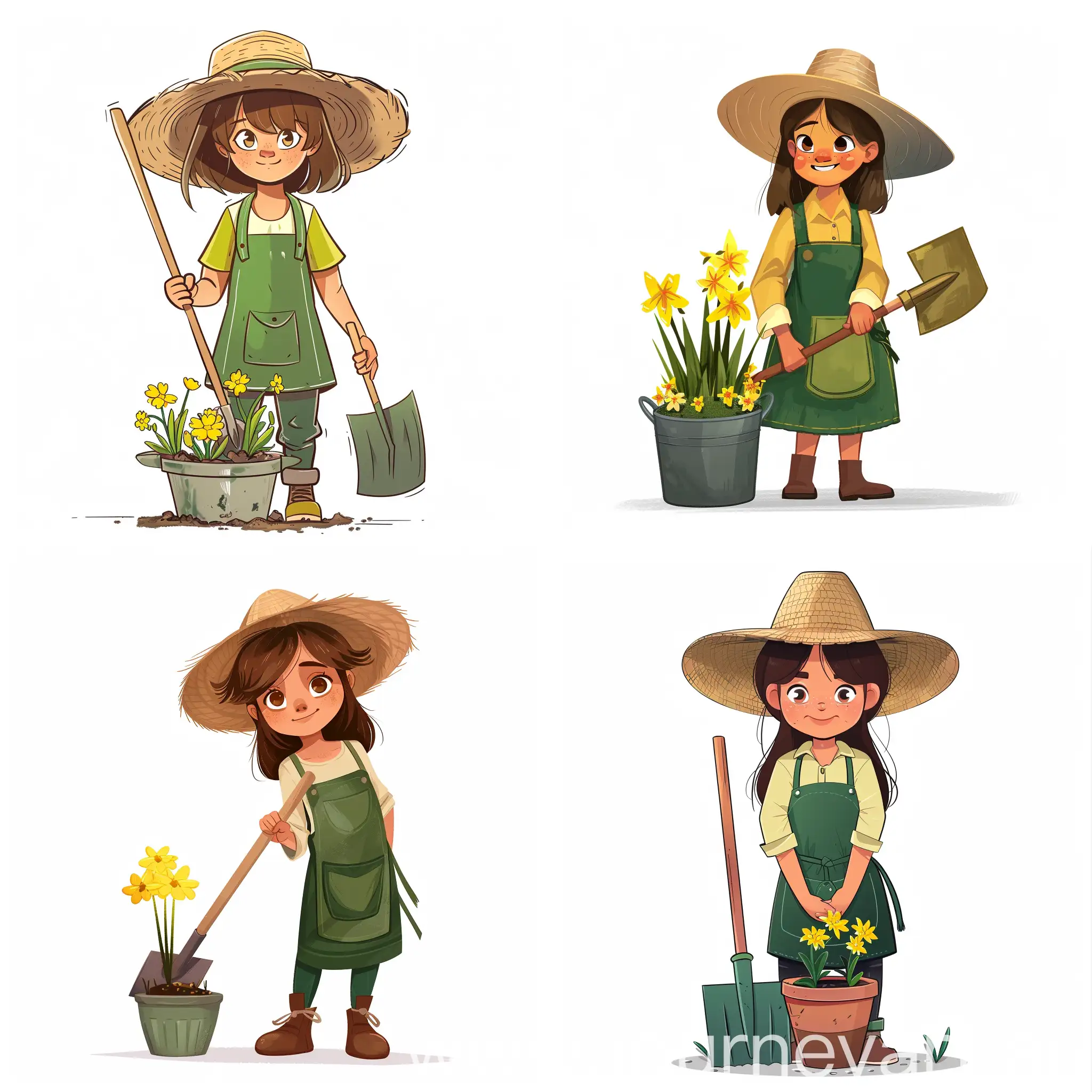 Girl-in-Green-Apron-Tending-Yellow-Flowers-with-Modern-Shovel-and-Beach-Hat