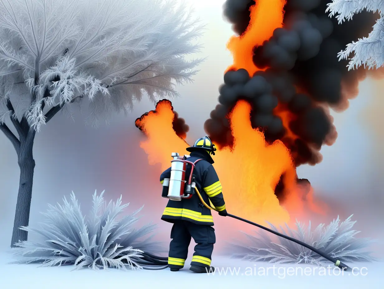 Пожарный тушить пожар в Мороз