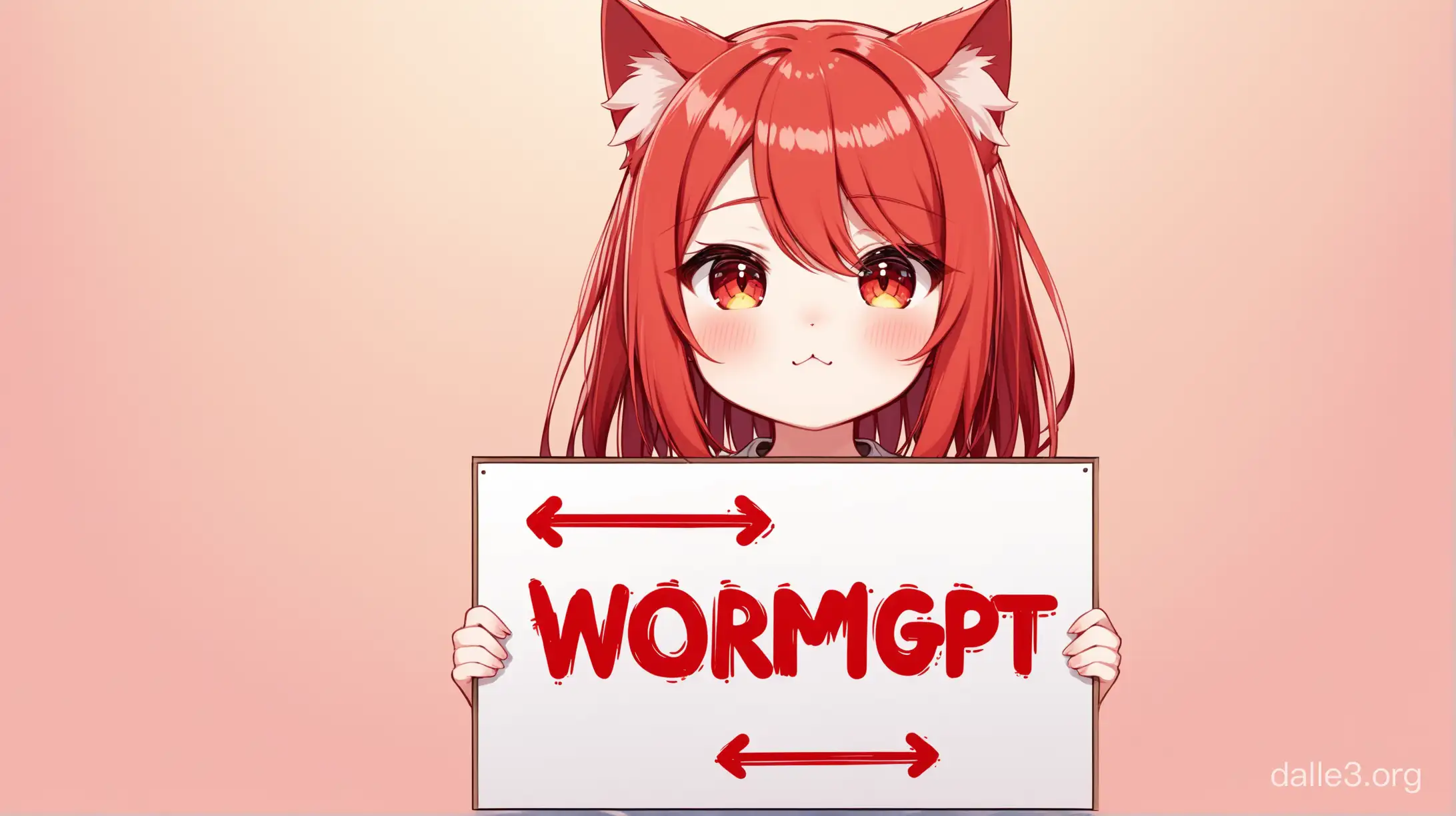 Cute neko red hairs nad red eyes holding a sign with text "WormGPT"