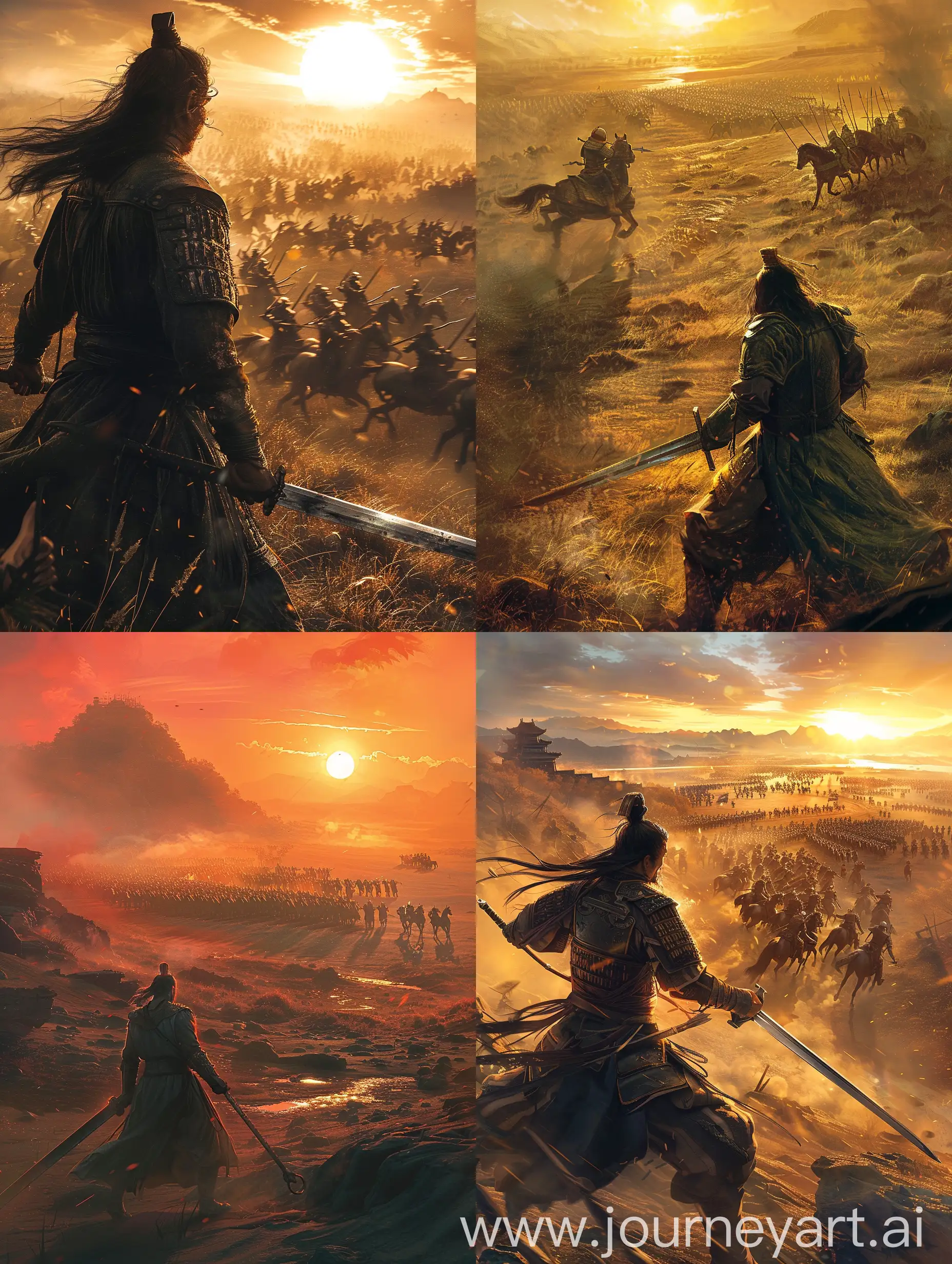 Lonely-Chinese-Warrior-Faces-Charging-Horsemen-at-Sunset