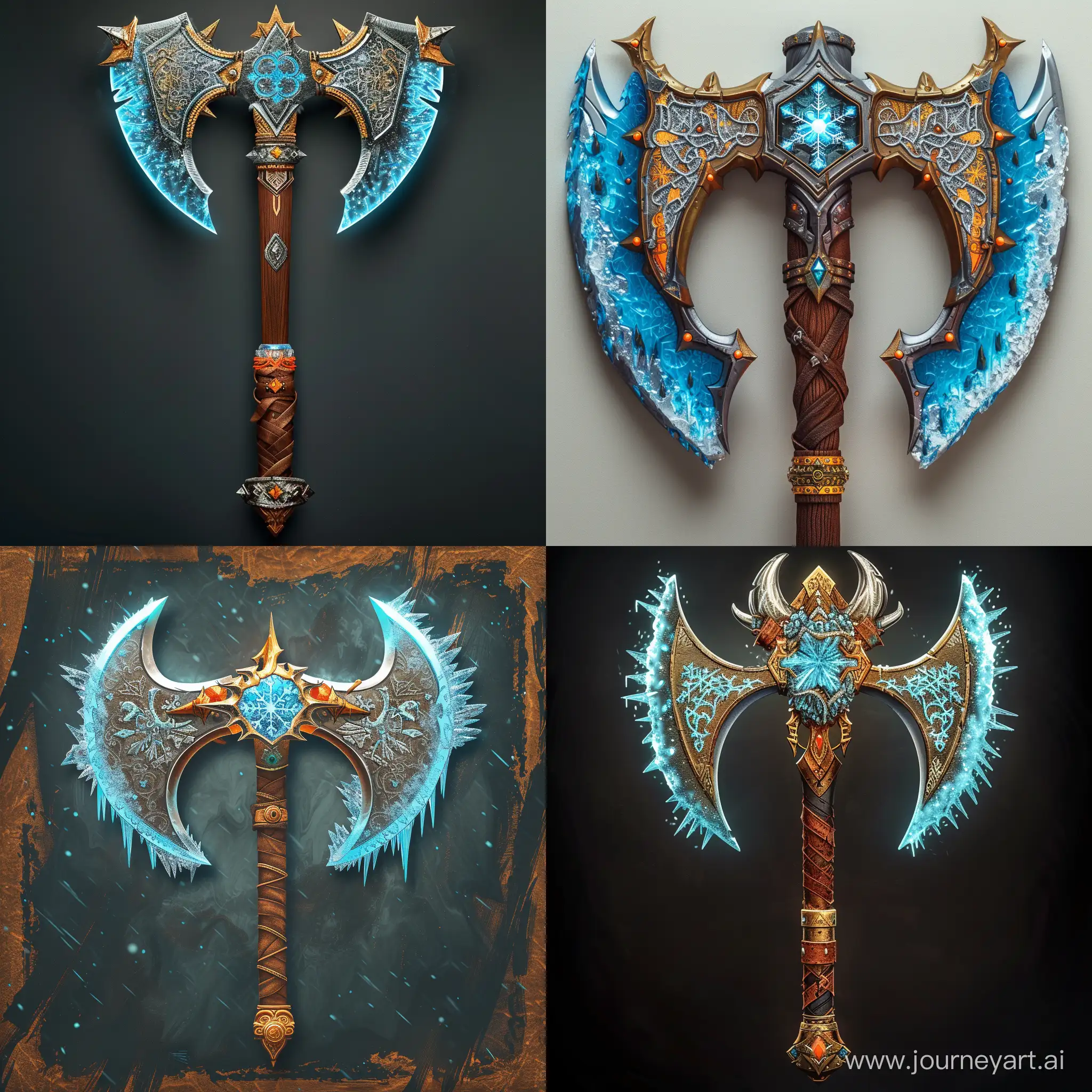 Create an image of a fantasy battle axe that embodies both the elements of ice and traditional blacksmith craftsmanship. The axe head should be symmetrical with a central blade that has a glowing blue edge to suggest magical frost power. Flank this with two curved side blades, each resembling a beast's fang, complete with intricate snowflake engravings that evoke a sense of encrusted ice. The haft is a deep brown, wrapped in leather for grip, leading to a pommel that is a miniature replica of the axe's head. Embellish the haft with golden bands and orange jewels to signify rarity and high status. The overall color palette should contrast strikingly with blues, browns, golds, and oranges to highlight the weapon's deadly nature and possible enchantments.